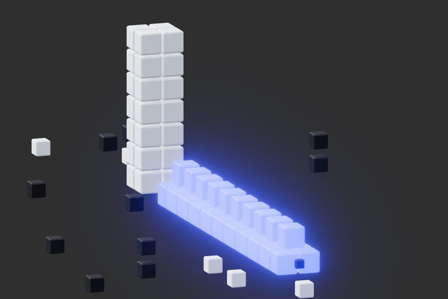 A lone tall voxel tower beside a long continuous row of glowing blue cubes stretching into darkness.