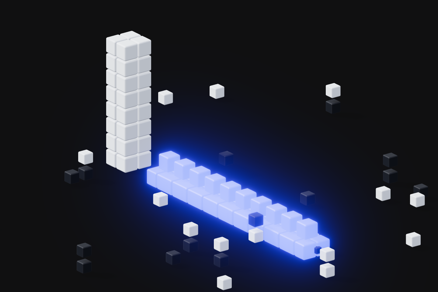 A lone tall voxel tower beside a long row of glowing blue markers stretching into darkness.