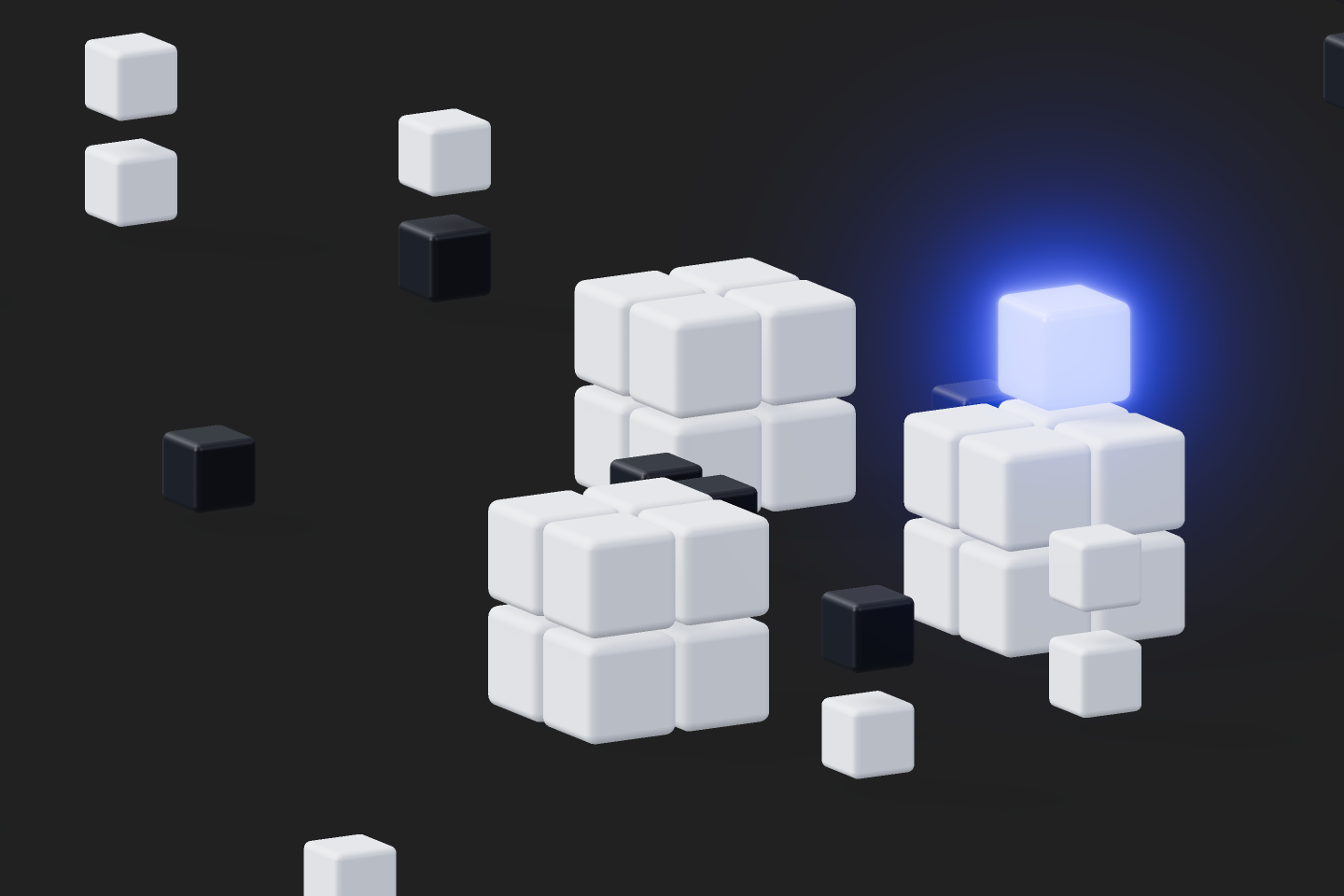 A cluster of white and grey voxel cubes surrounds one glowing electric-blue cube, commanding attention.