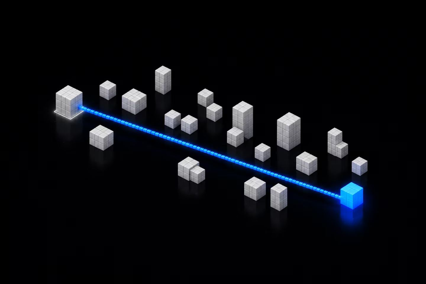 A cluster of white voxel blocks, with a faintly outlined block on the left connected by a bright blue thread that runs past several untouched blocks to a single distant block glowing blue.