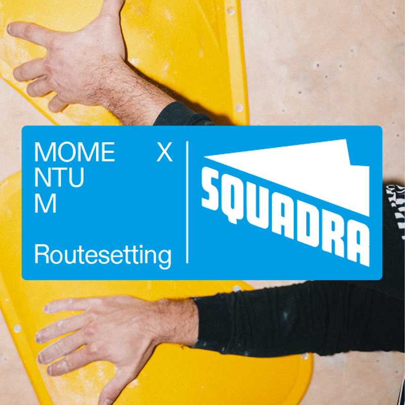 A cyan square with the Momentum Routesetting logo together with the Squadra Holds logo overlayed on a photograph of a person touching climbing holds.
