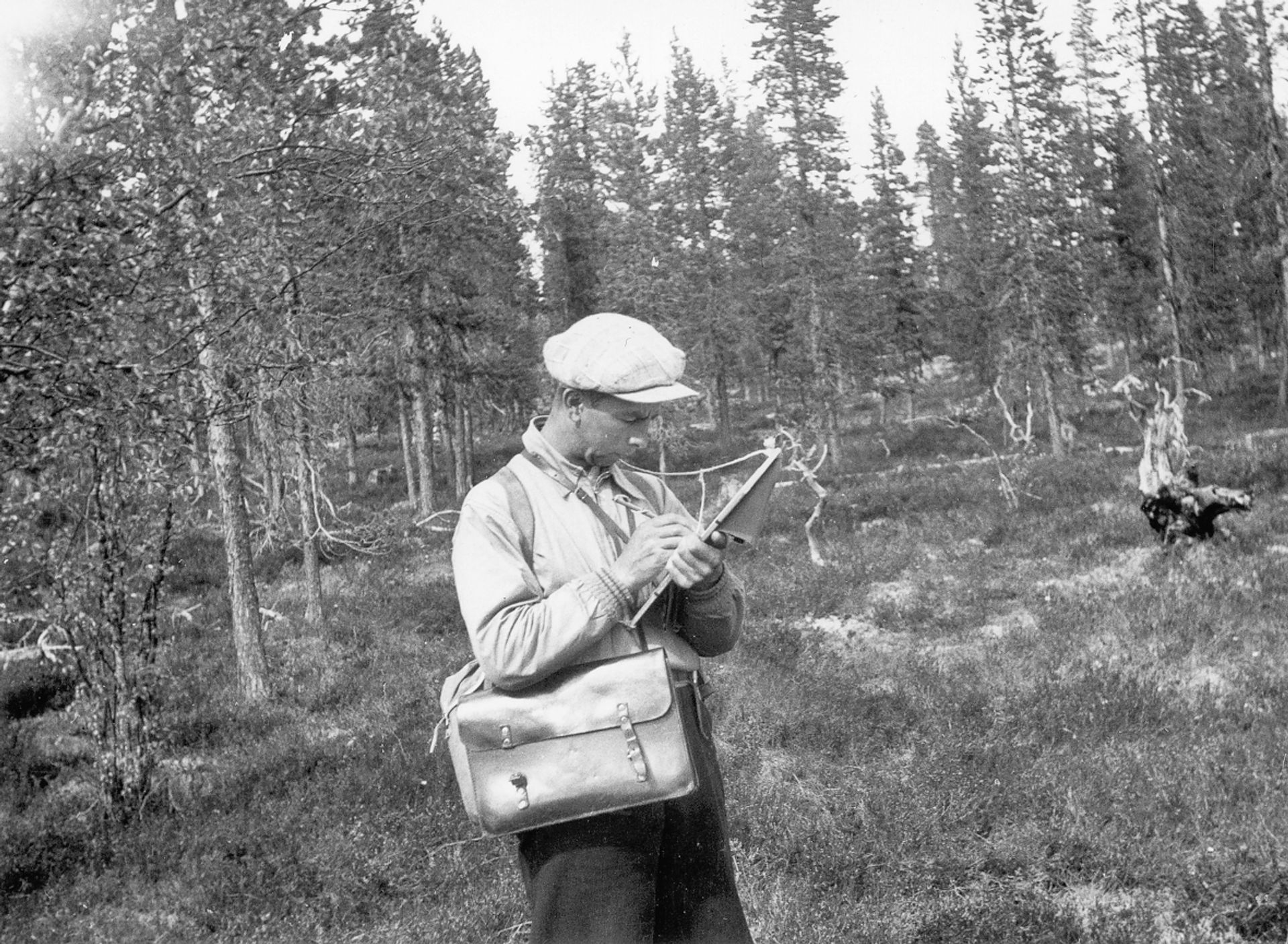 Feltarbeider i Landsskogtakseringen med skjema og veske under registrering. Kanskje tatt på 1940-tallet. Foto: Aasmund Vigerust/NIBIO.