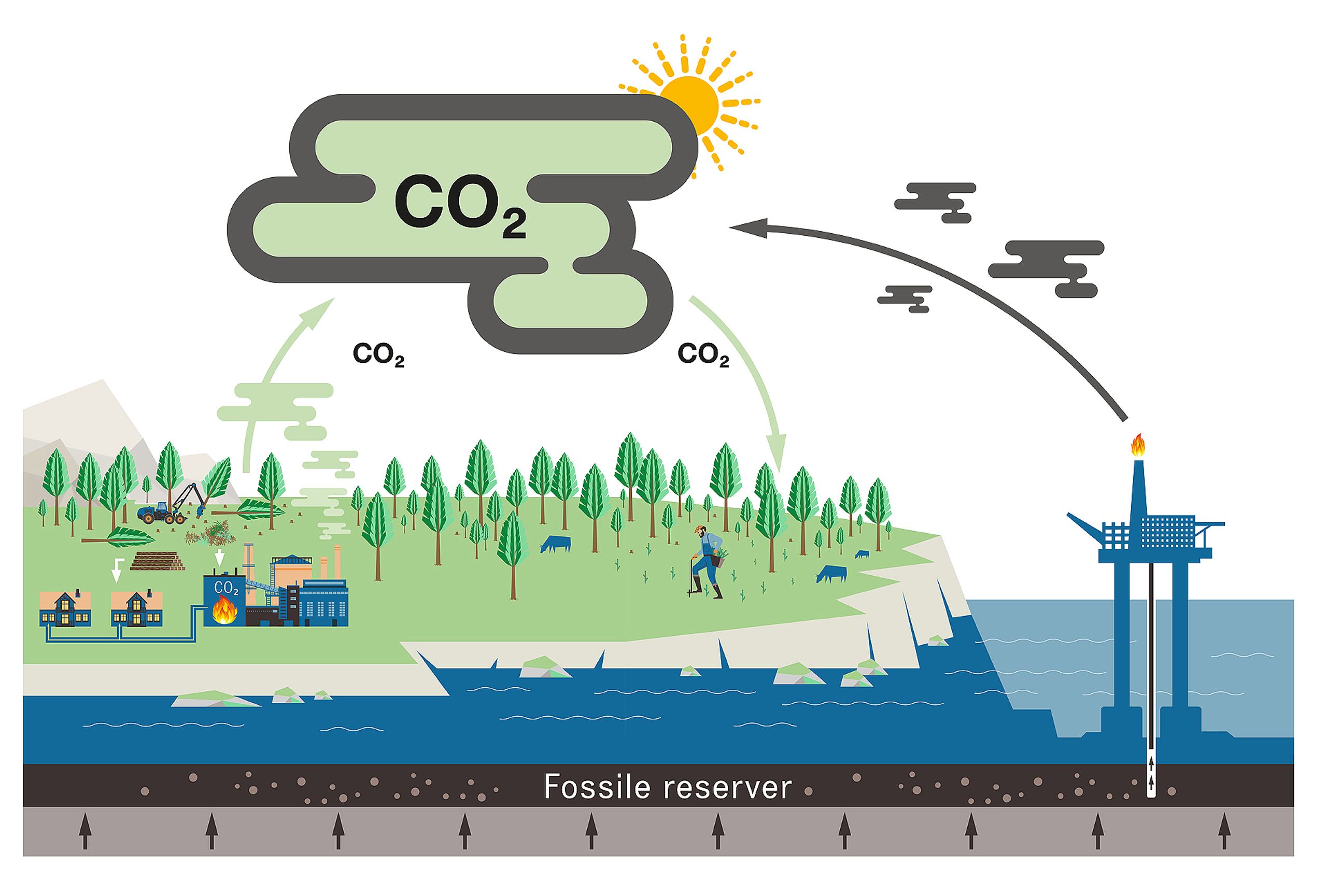 KARBONKRETSLØPET: Når vi brenner fossile ressurser, tilfører vi karbon fra det lange til det korte kretsløpet, og dermer øker mengden CO2 i atmosfæren.