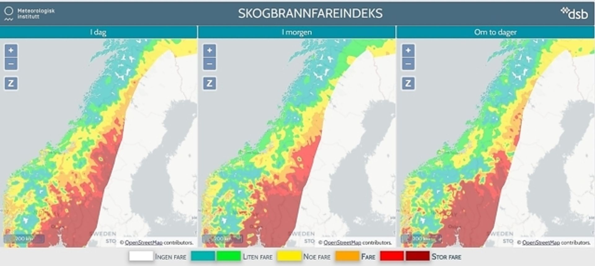Skogbrannfareindeksen den 15, 16. og 17. juni 2023