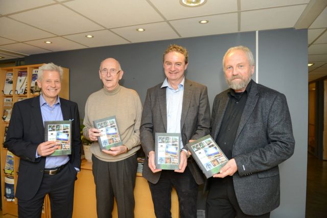 Bildet: Børge Teigland, styreleder; Bertil Akselsen, daglig leder i 30 år (1968-1998); Svend Bøhler, daglig leder og Anders Hals, forfatter av jubileumsboka fra selskapets 50-års-markering den 8. desember 2016.