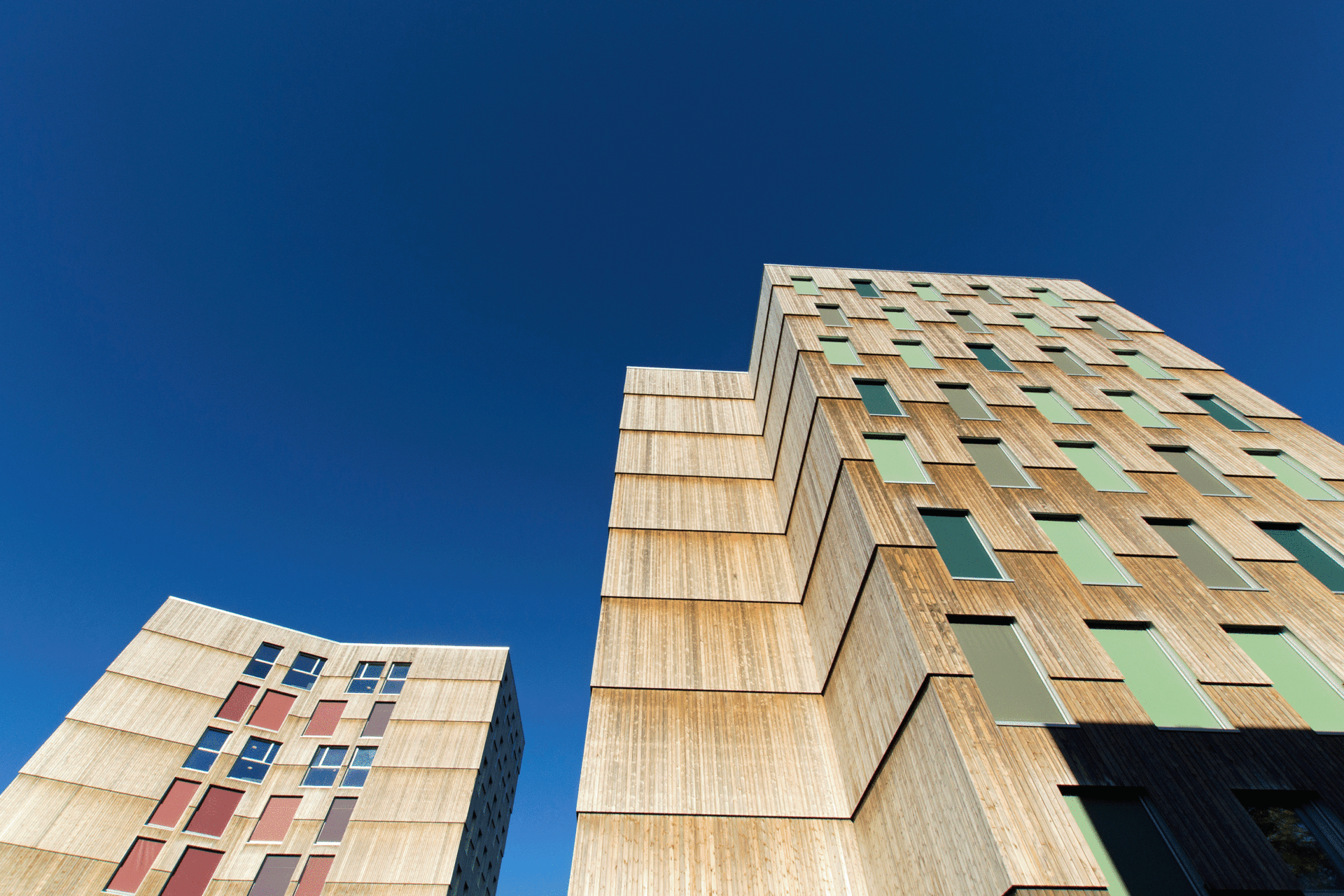 Ved å bygge i tre kan redusere utslipp fra mer energiintensive byggematerialer, samtidig som trebygget lagrer karbon. Her fra Moholt studentby i Trondheim. Foto: MDH Arkitekter