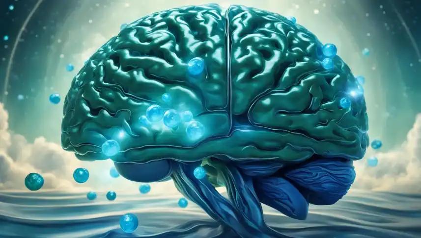 Show a tranquil blue scene with a magnified brain in the center, surrounded by magnesium capsules and peaceful waves.