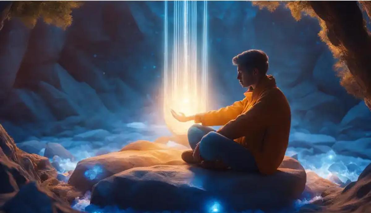 A person sitting in a peaceful, natural setting with their eyes closed, surrounded by calming blue colors