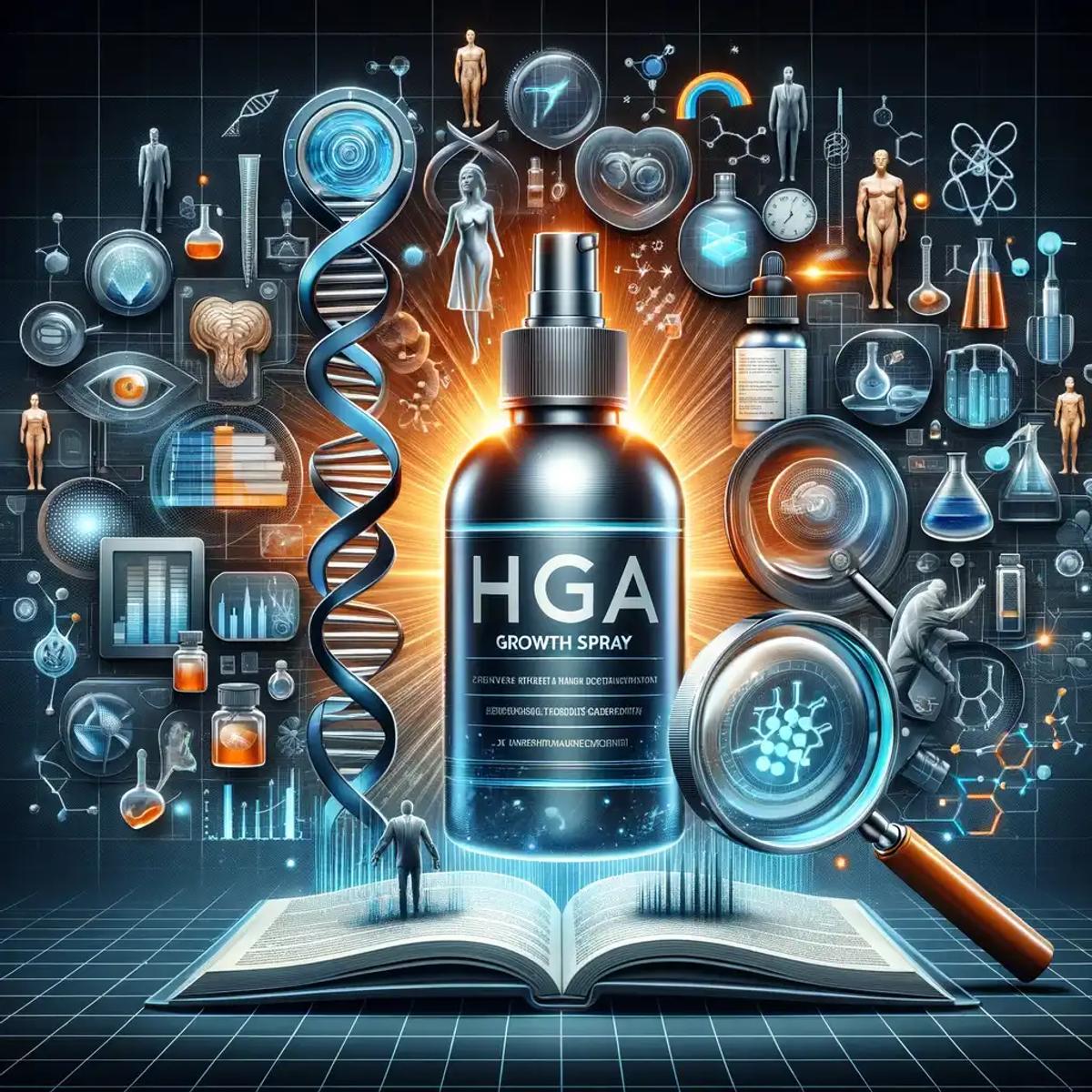 sleek, modern bottle of the hga spray surrounded by elements representing the scientific basis,