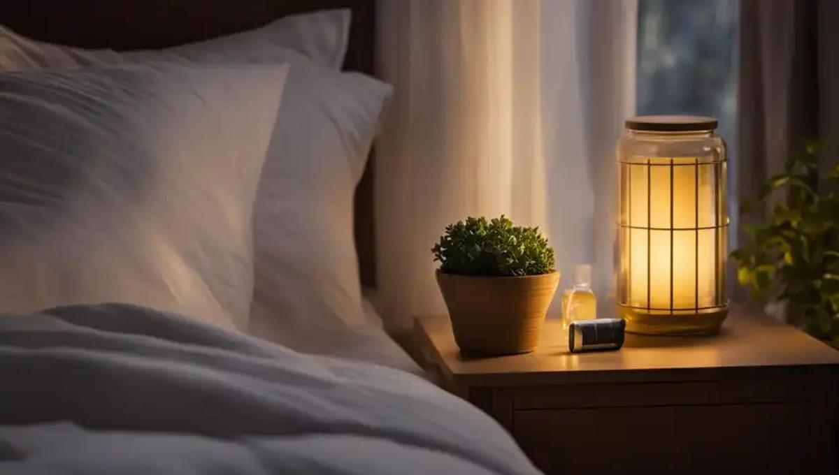 An image of a peaceful sleeping environment, with a small bottle of magnesium supplements placed on a nightstand next to a glass of water