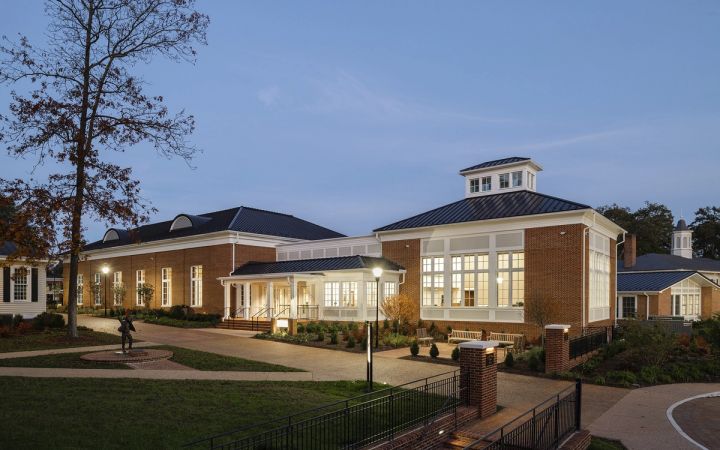 Louis F. Ryan Recital Hall, St. Christopher’s School, Richmond, at dusk