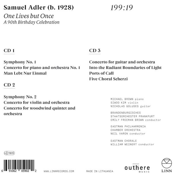 Back cover of One Lives but Once: the three discs’ works and the performers, Siwoo Kim among them