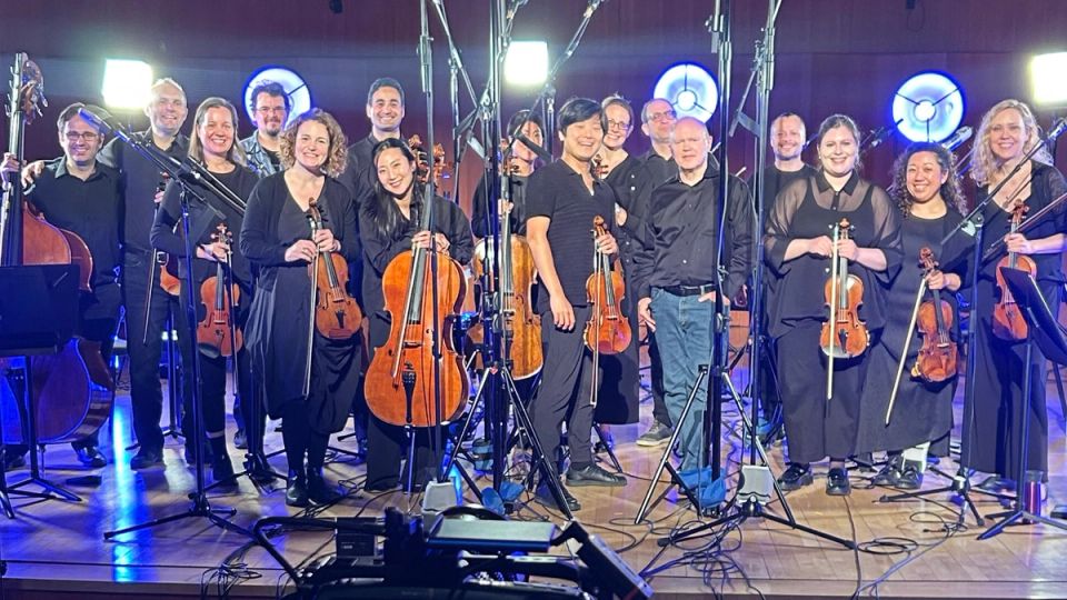 Siwoo Kim with Michael Torke and the East Coast Chamber Orchestra on the recording stage at Drew University, on the day of the Last session