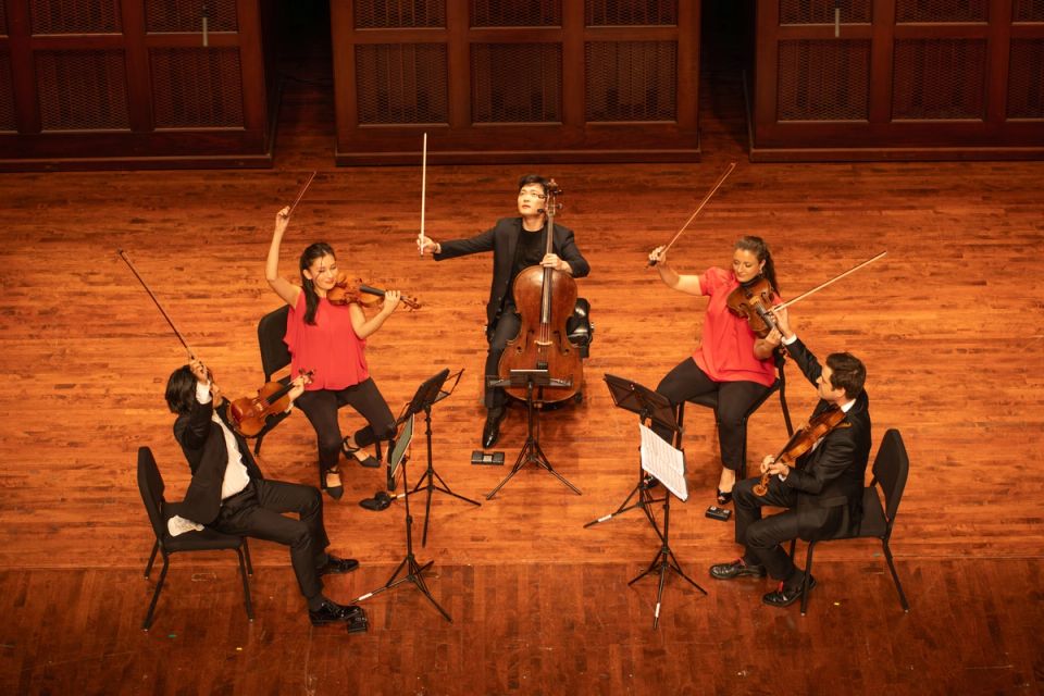 Five string players on stage at VIVO Music Festival, bows raised