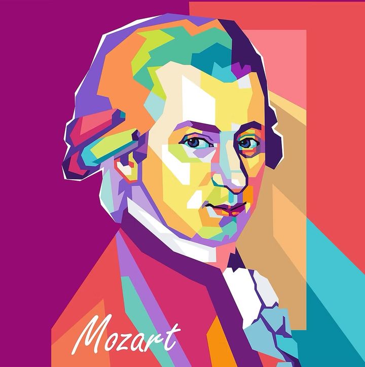 A pop-art portrait of Mozart, the banner for “The WolfganG strikes again”