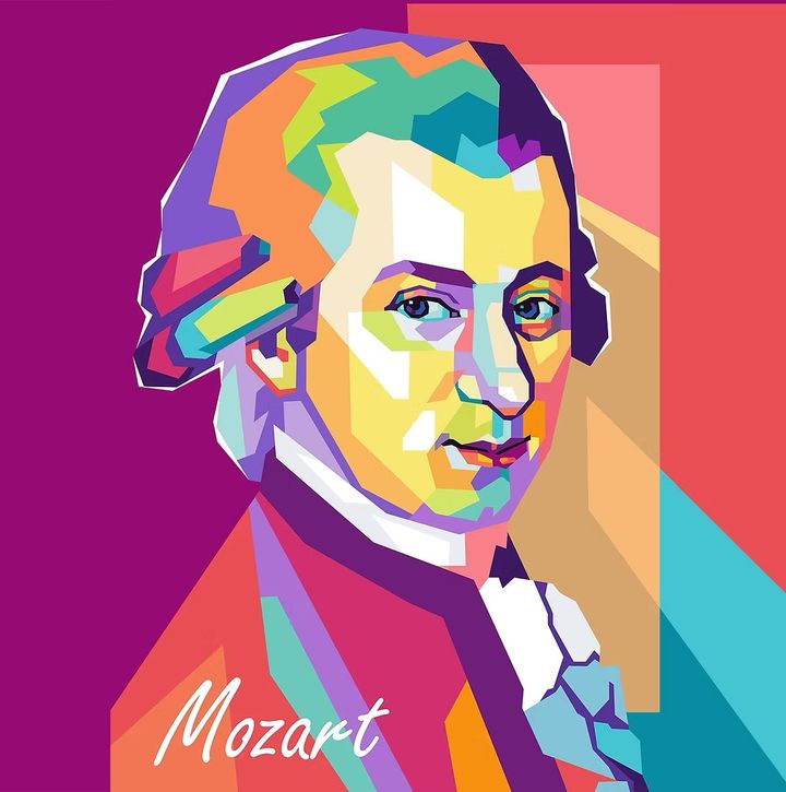 A pop-art portrait of Mozart, the banner for “The WolfganG strikes again”