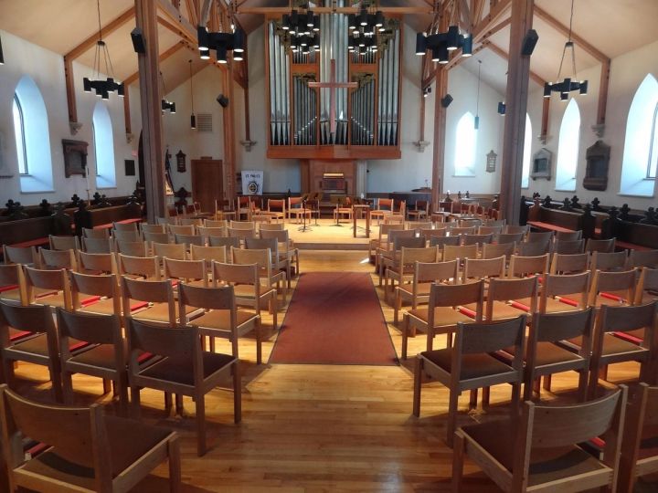 The nave of St. Paul’s Church, Brookline, set for a concert
