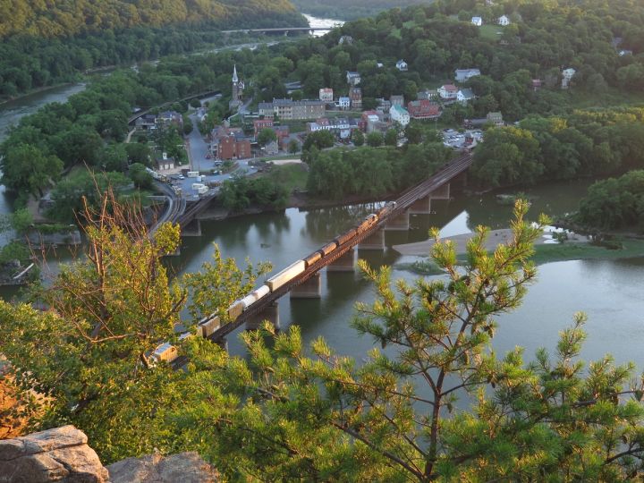 Harpers Ferry from the Maryland Heights overlook, the Potomac and the railroad bridge below