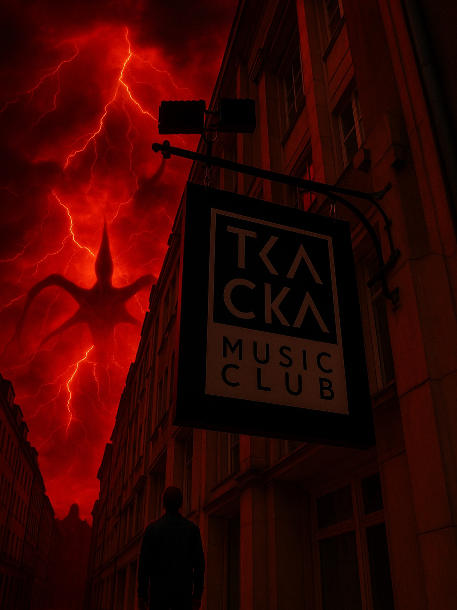 A creative "Stranger Things" inspired edit of the Tkacka Music Club exterior. A man stands in an alley looking at the club sign under a blood-red sky filled with lightning and the silhouette of a giant supernatural monster.