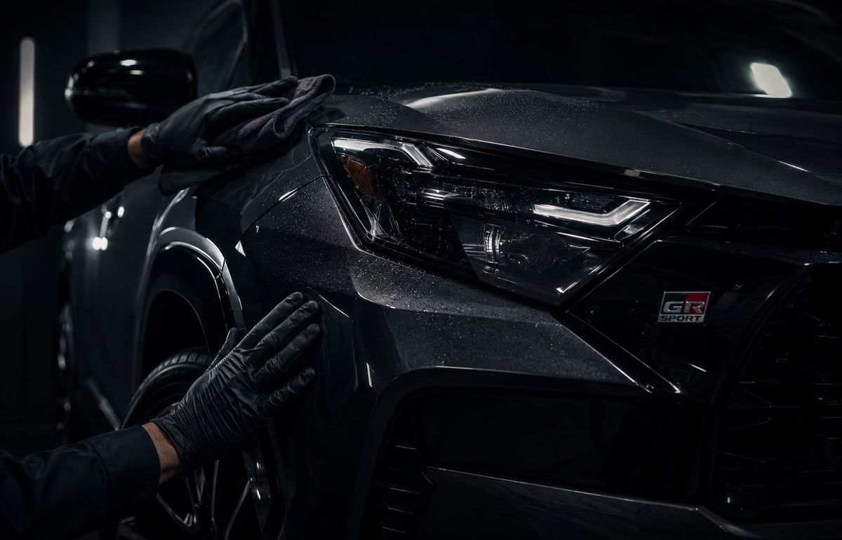 Detailer wiping down a dark SUV during a mobile detail