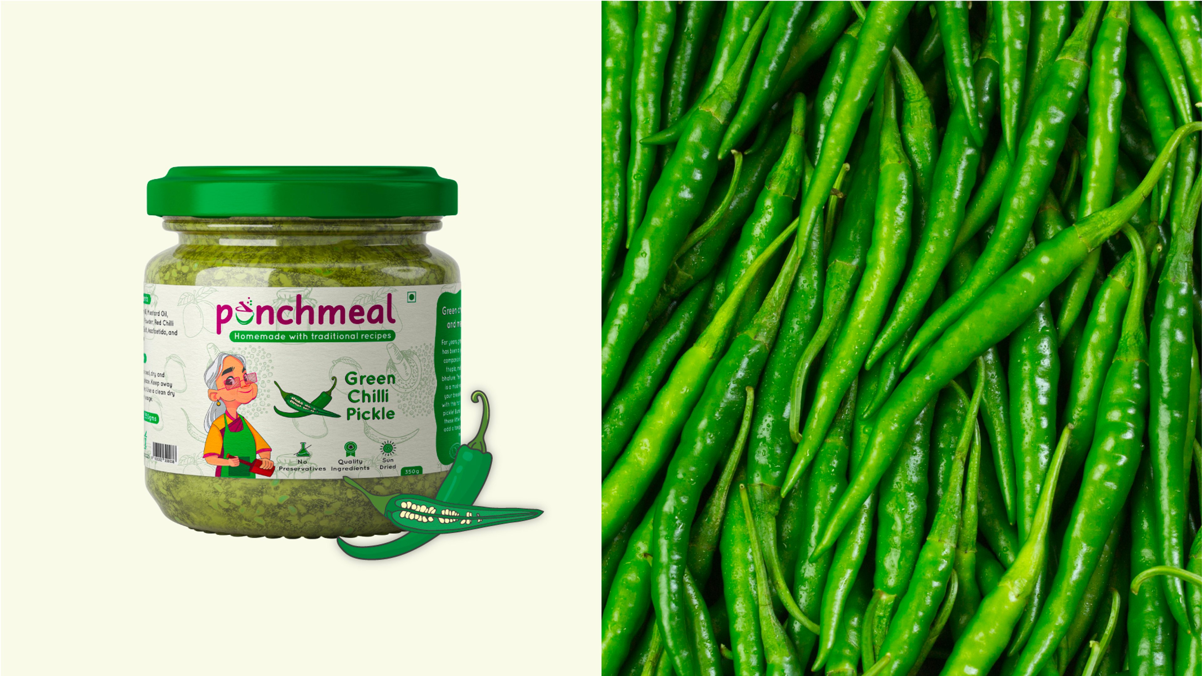 Punchmeal Green Chilli Pickle jar paired with a full-bleed photo of fresh green chillies