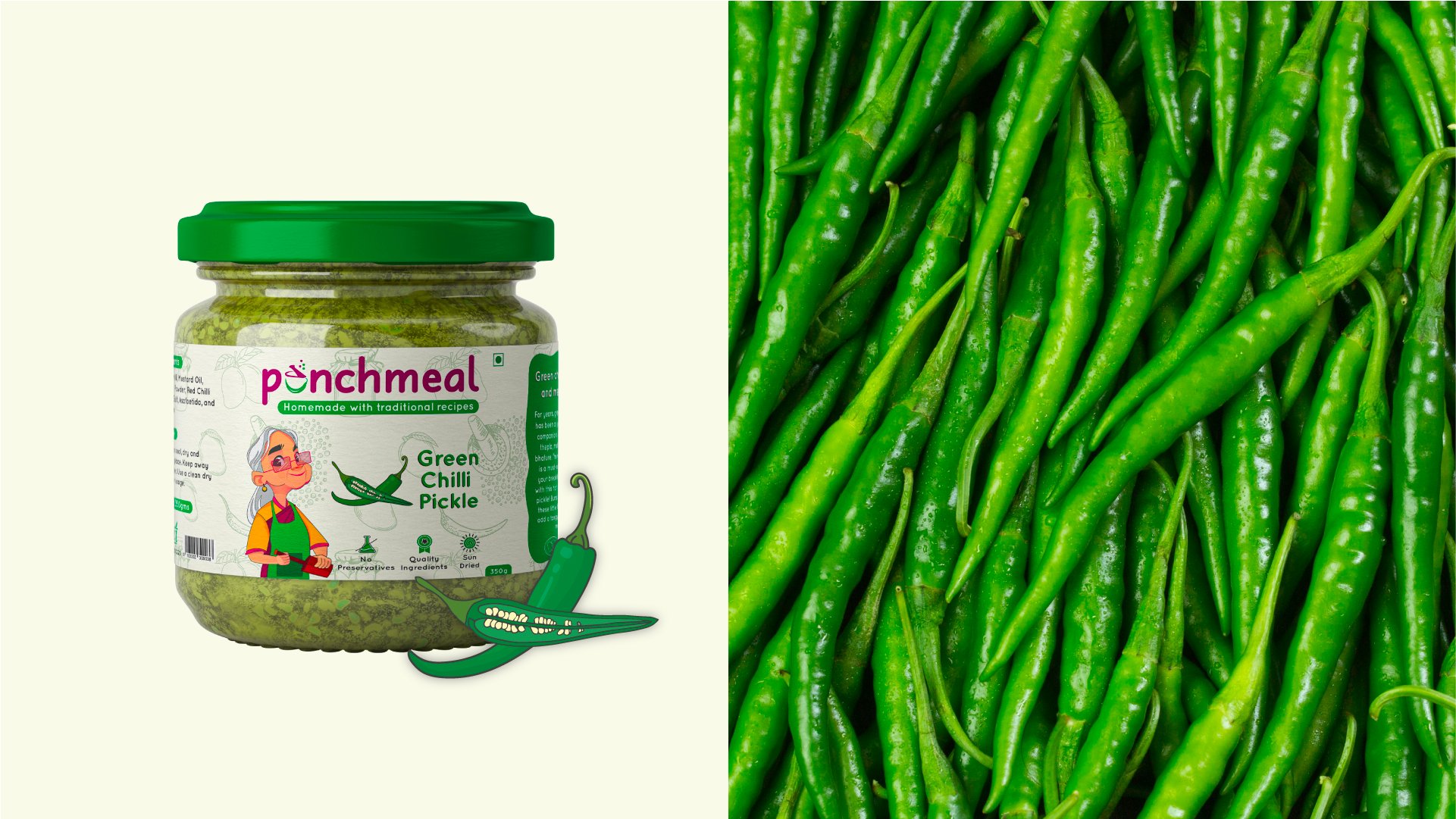 Punchmeal Green Chilli Pickle jar paired with a full-bleed photo of fresh green chillies
