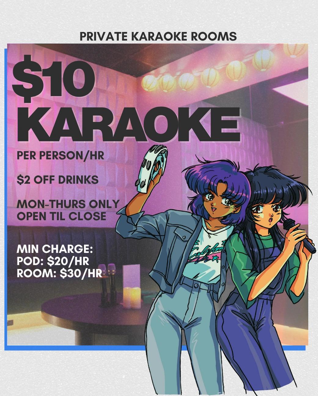 A Karaoke Kubo '$10 Karaoke' promo poster — two retro-anime characters over neon pink, listing private-room pricing and drink deals