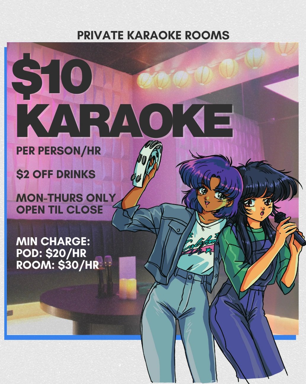 A Karaoke Kubo '$10 Karaoke' promo poster — two retro-anime characters over neon pink, listing private-room pricing and drink deals