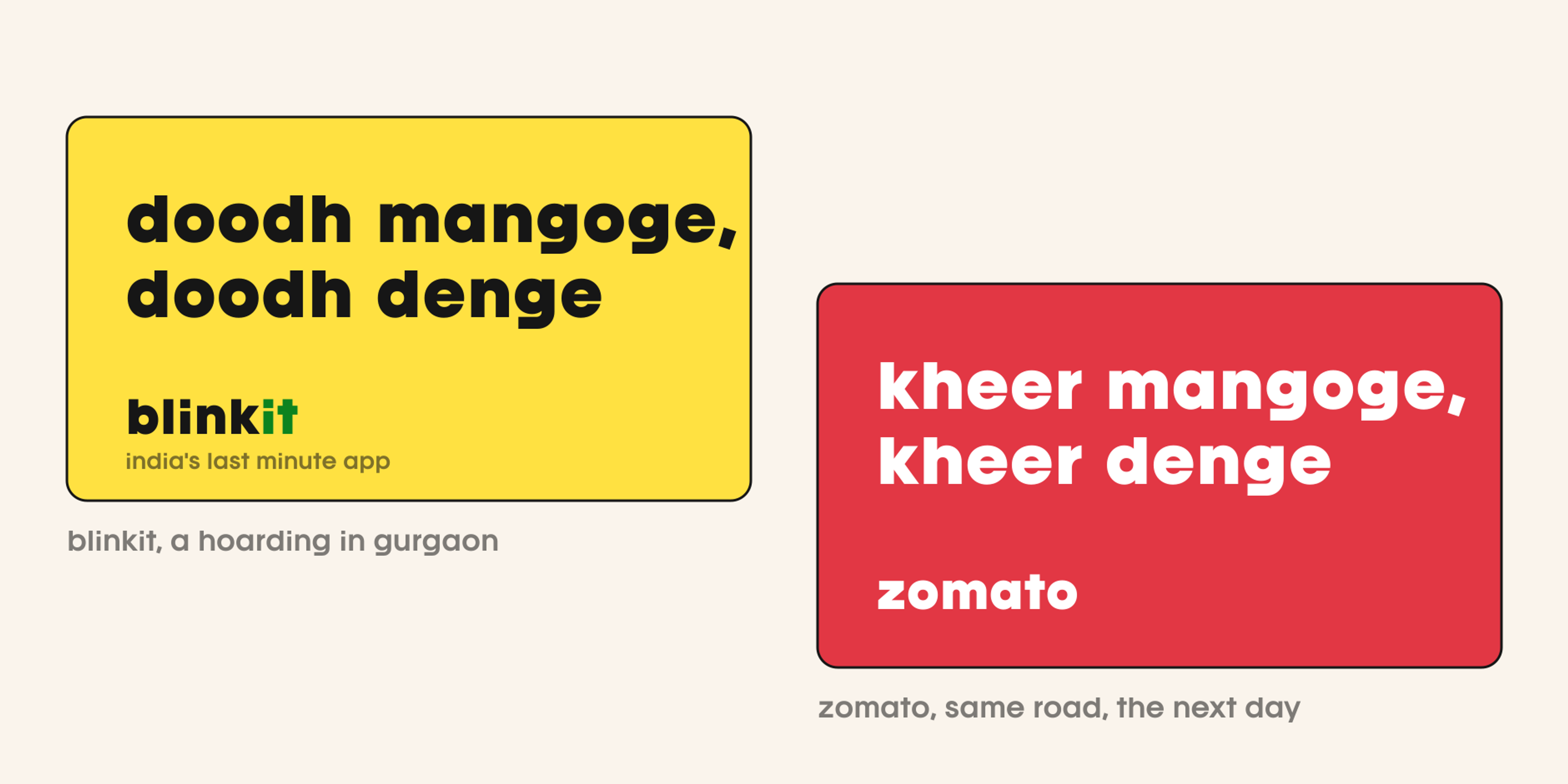 A recreation of the Blinkit and Zomato billboard exchange showing distinctive brand copy