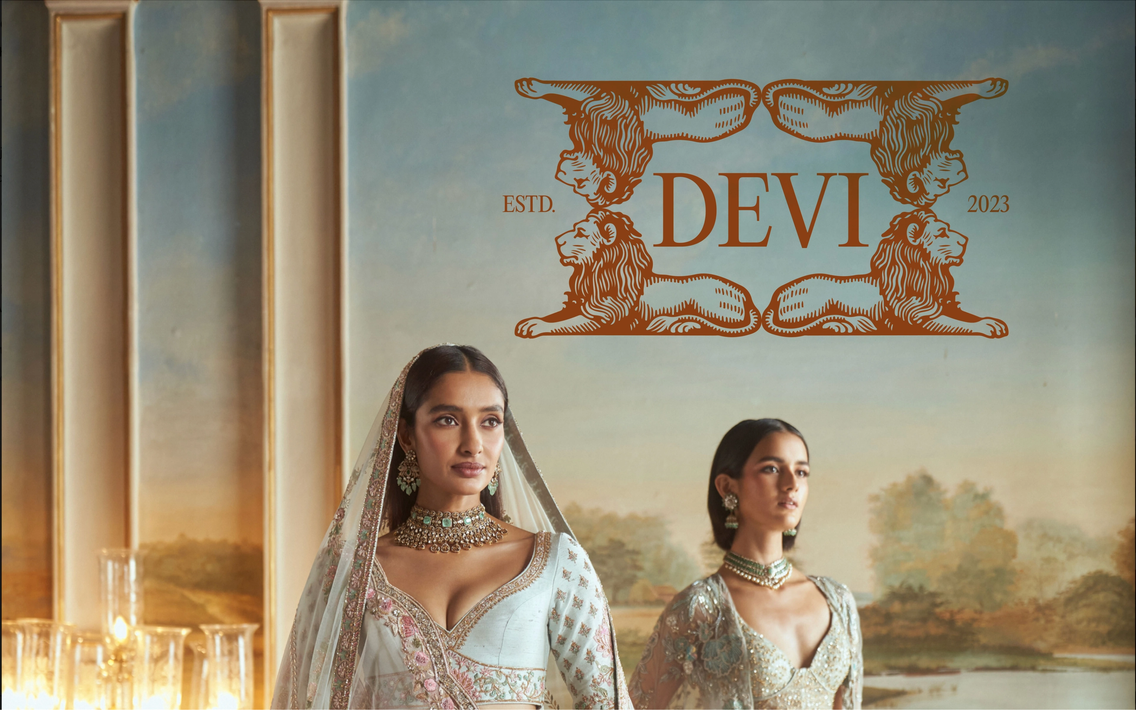 A DEVI campaign collage of models in embroidered lehengas with the lion seal