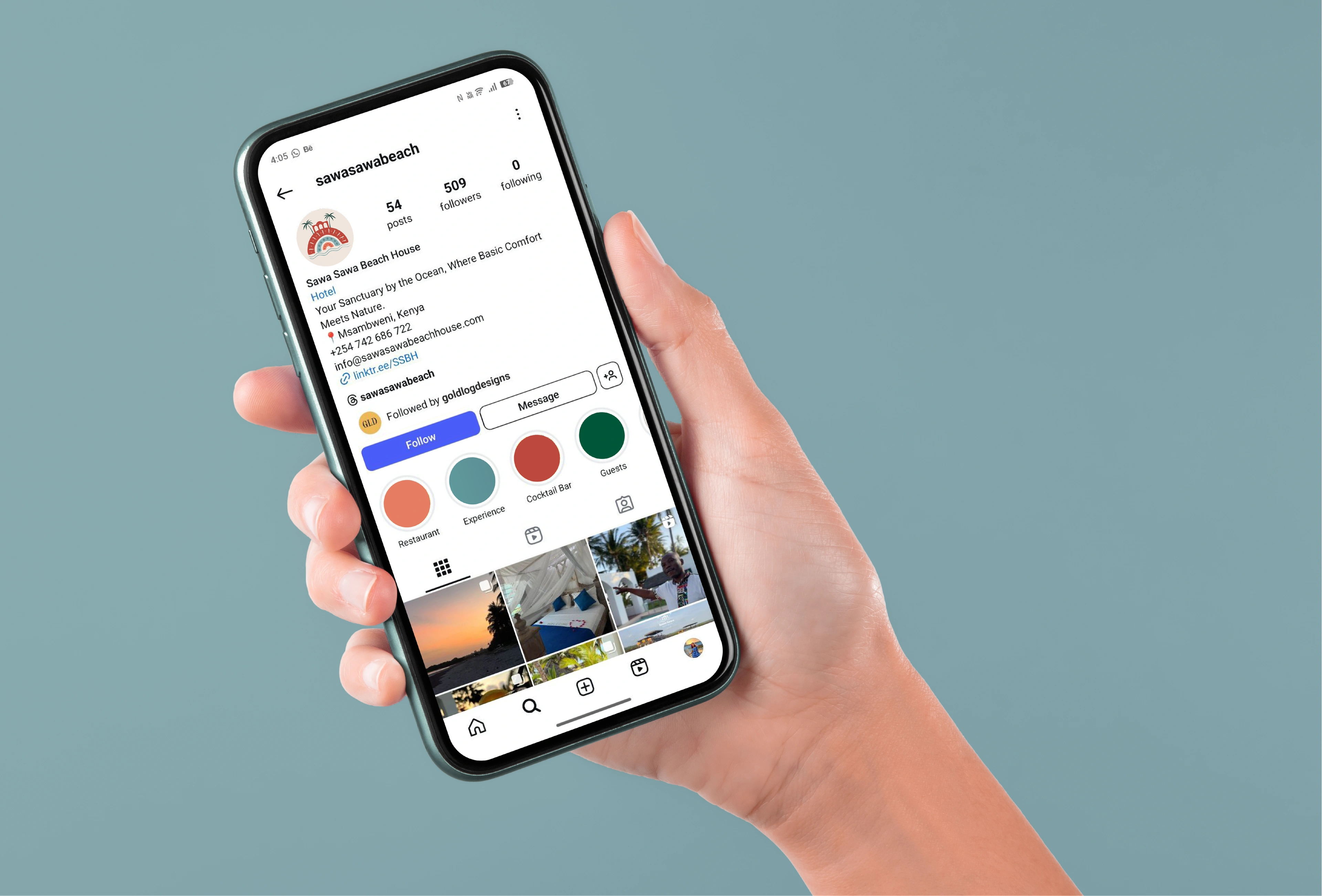 Sawa Sawa Beach House Instagram profile on a phone, carrying the same arch motif and coastal palette