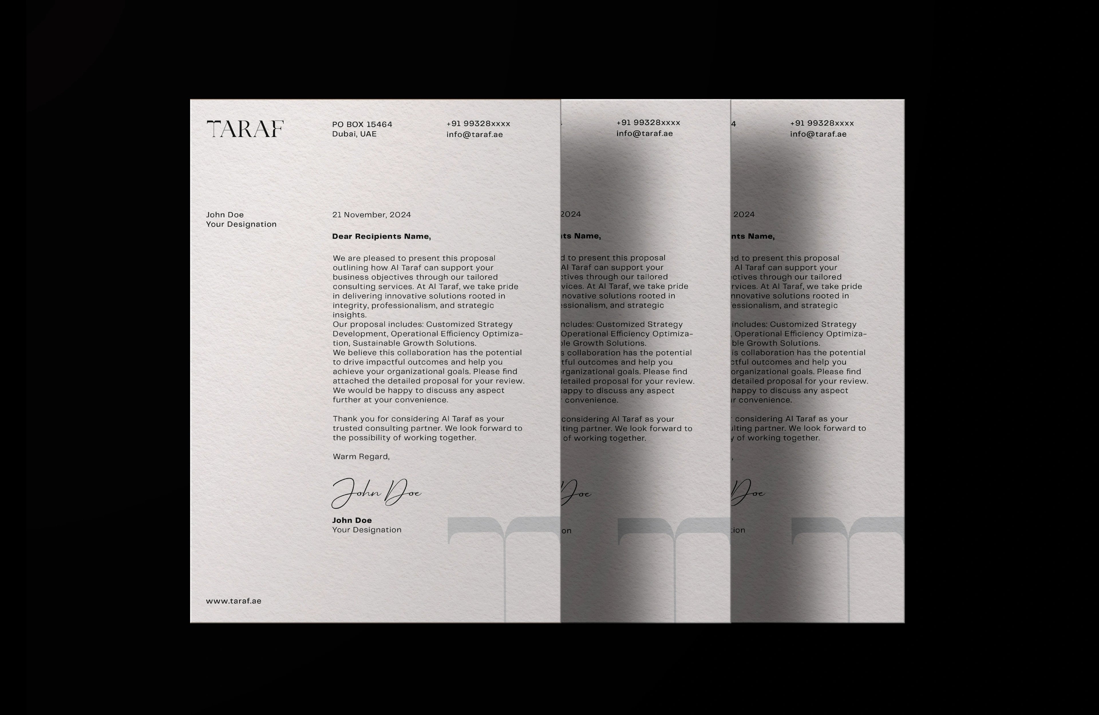 Taraf company profile and letterhead spread fanned on black