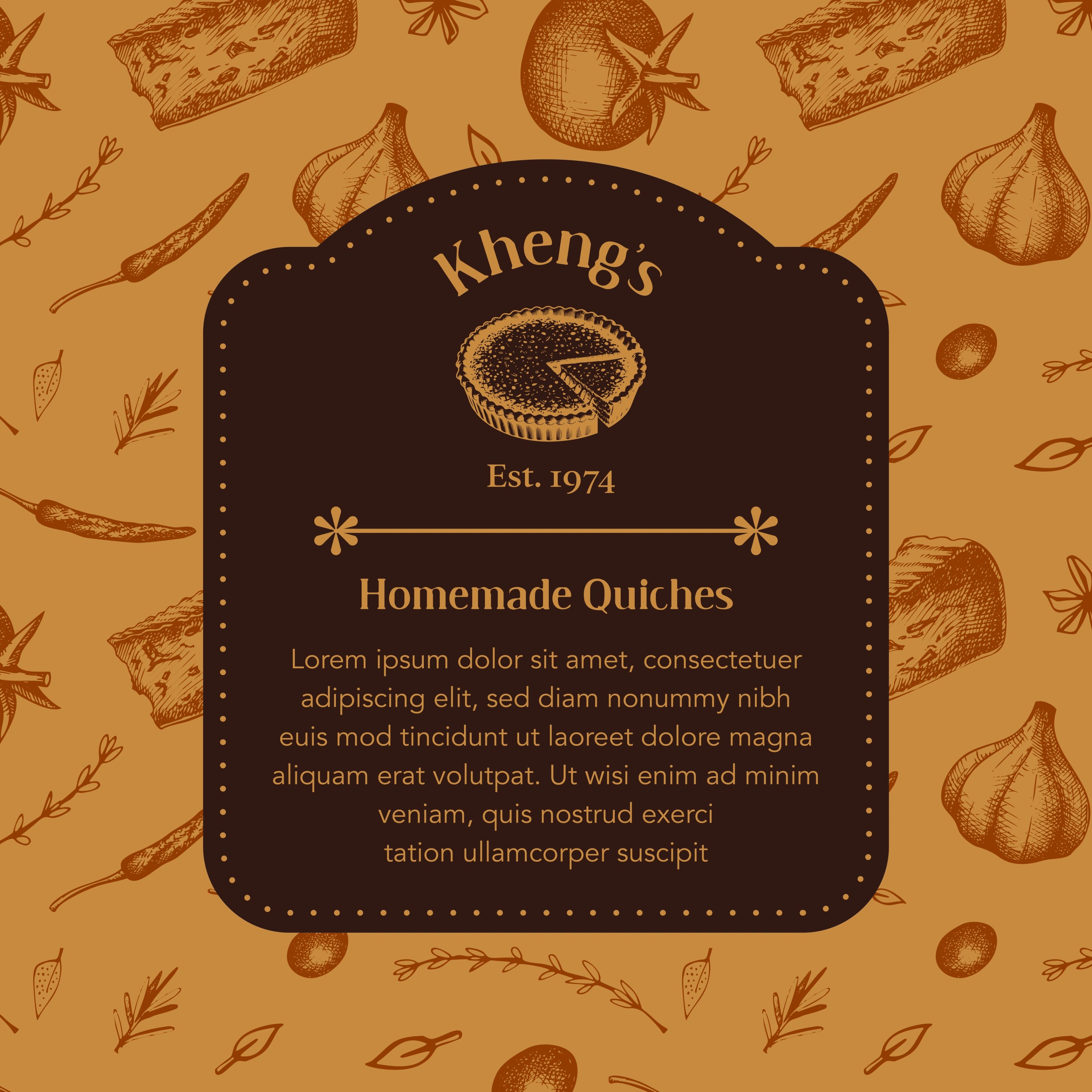 Kheng's Homemade Quiches social tile on a patterned brown background
