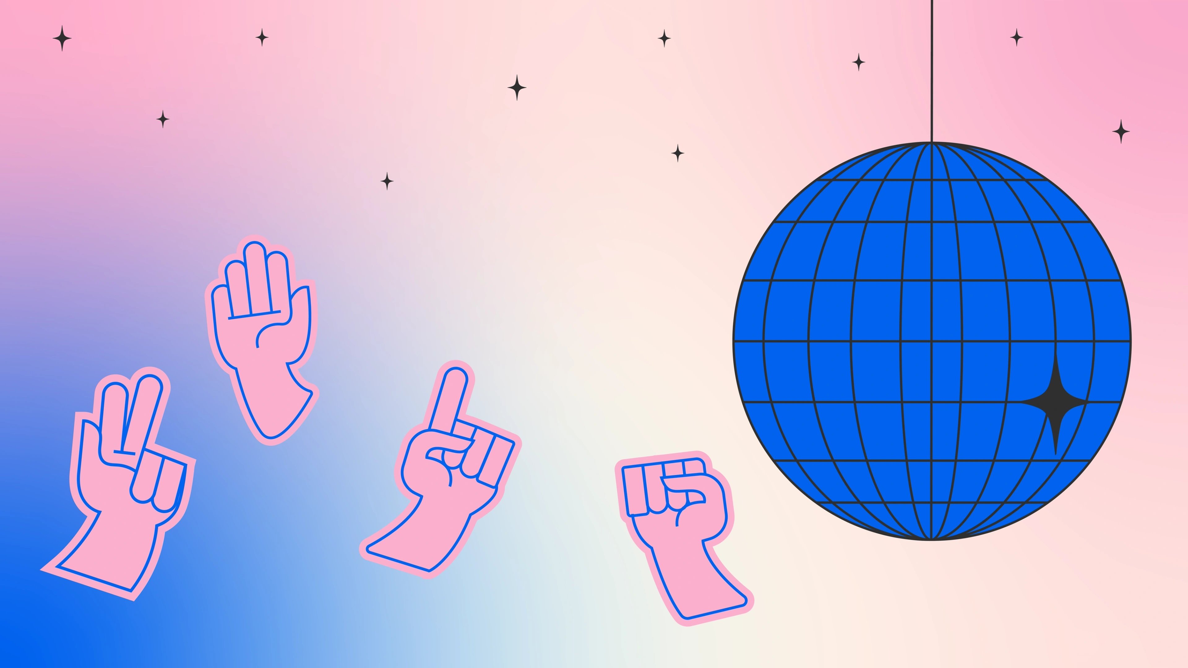 Karaoke Kubo hand-sign illustrations — peace, point and fist gestures beside a hanging blue disco ball on a pink-to-blue gradient