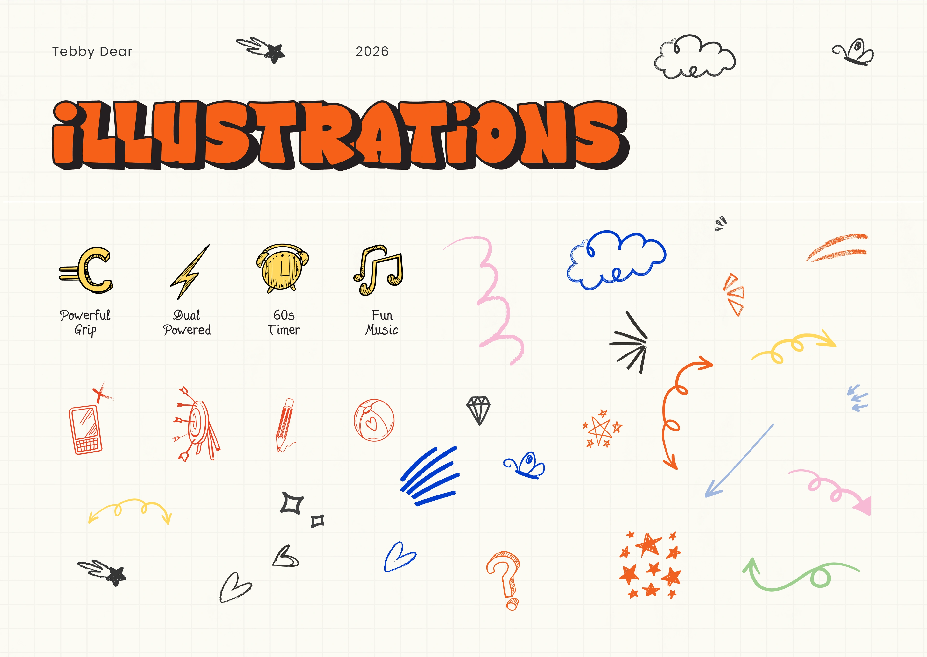 Tebby Dear illustration system — hand-drawn doodles, arrows and playful energy marks