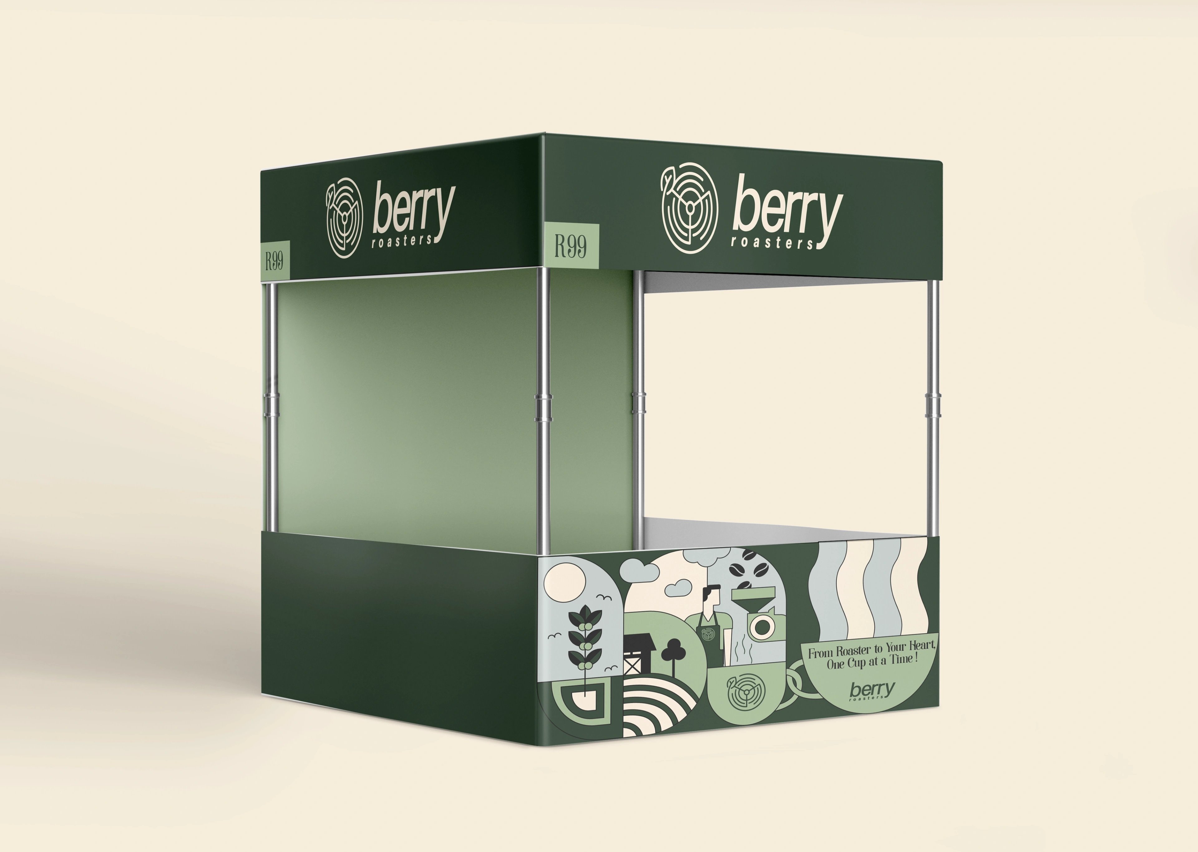 A Berry Roasters event kiosk in deep forest green, its panels carrying the farm-to-cup illustration system