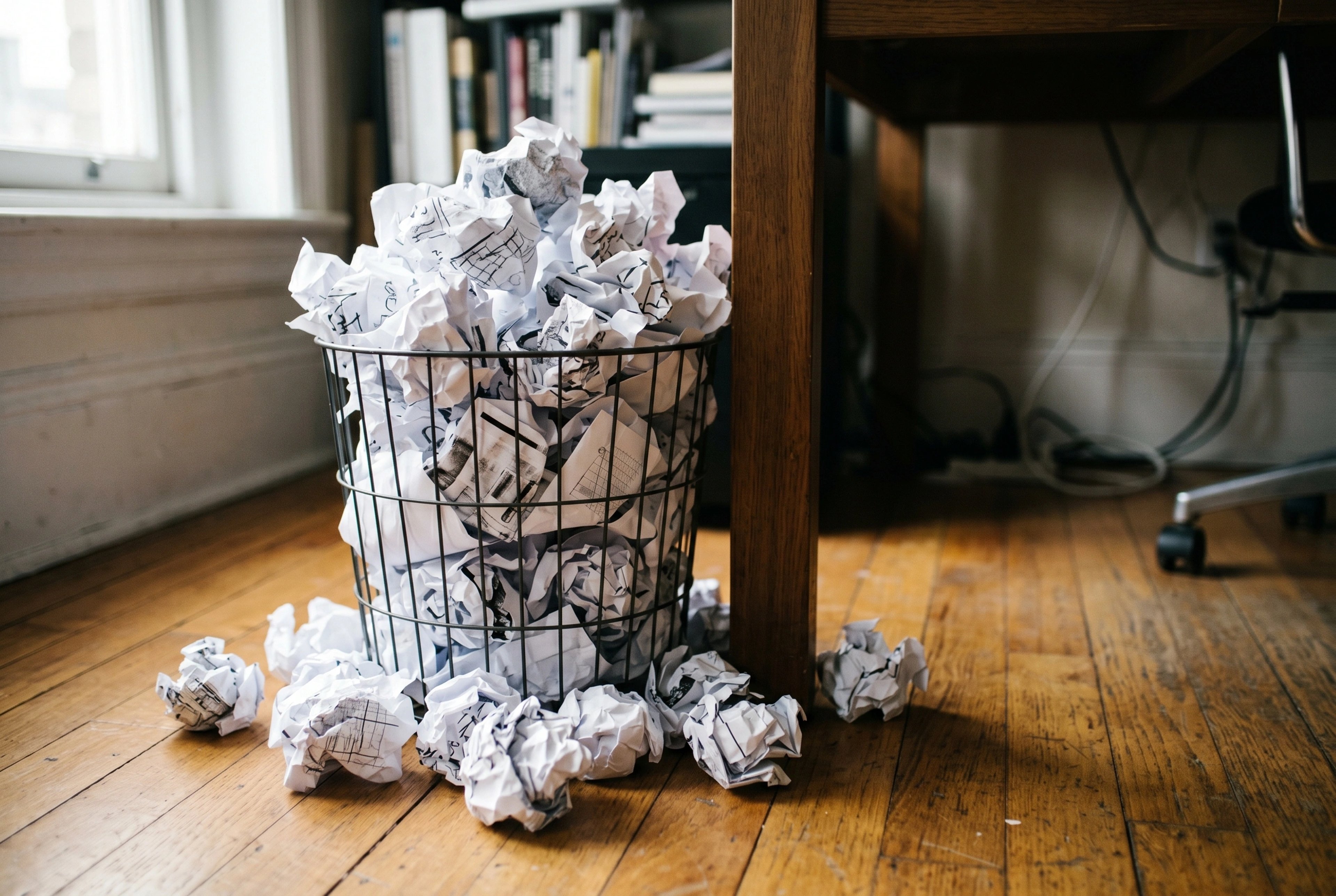 Crumpled rejected design printouts overflowing from a waste bin beside a desk