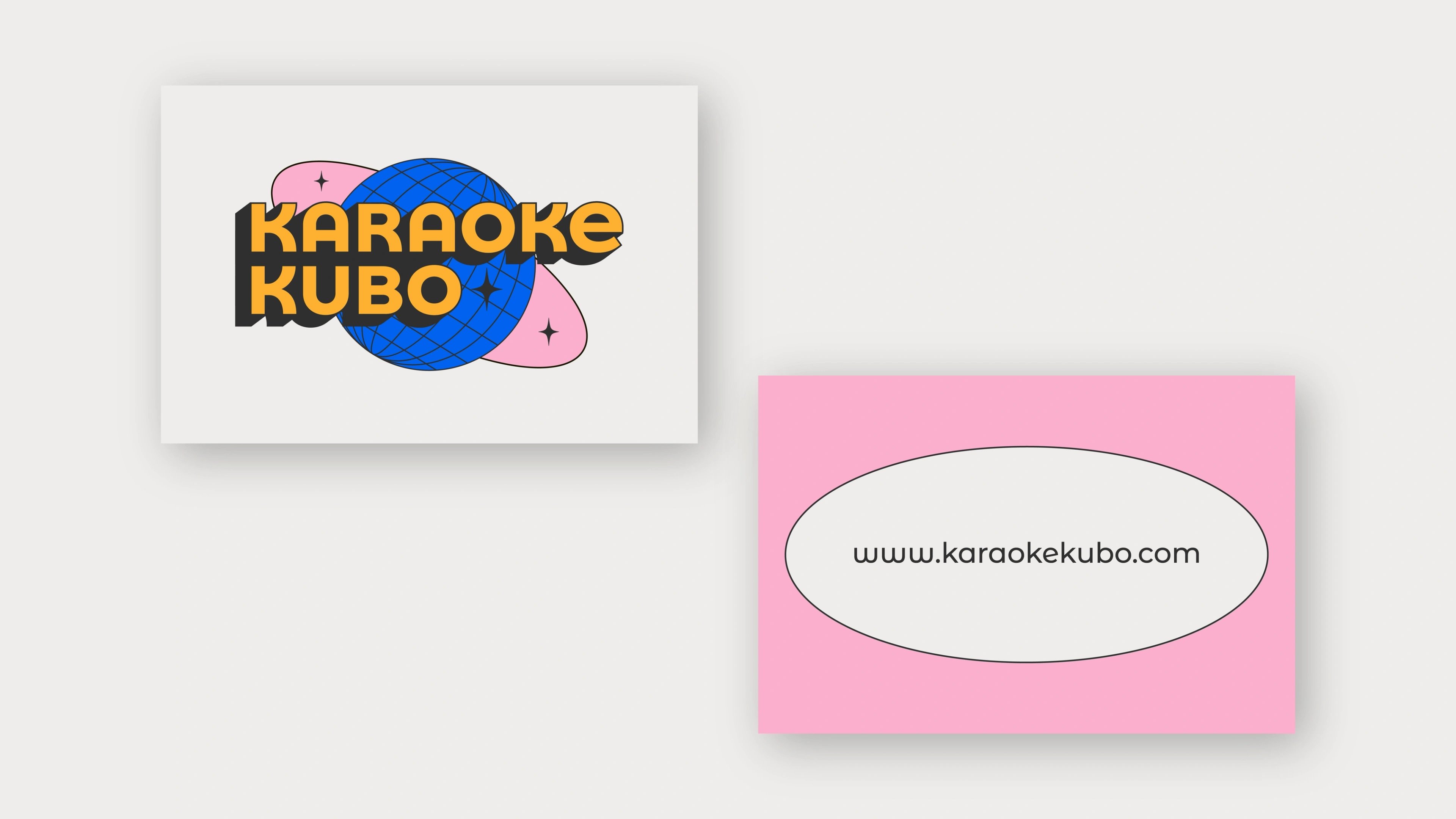 Karaoke Kubo business cards — the disco-globe wordmark card beside a pink karaokekubo.com card