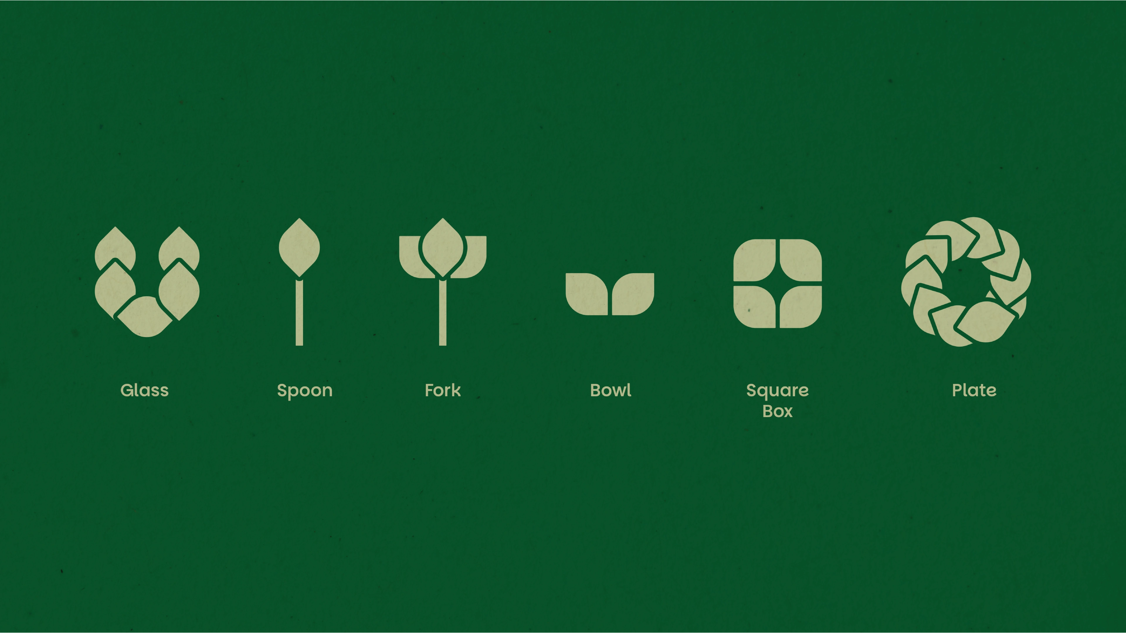 Planterio product icon set — glass, spoon, fork, bowl, square box and plate — on deep green