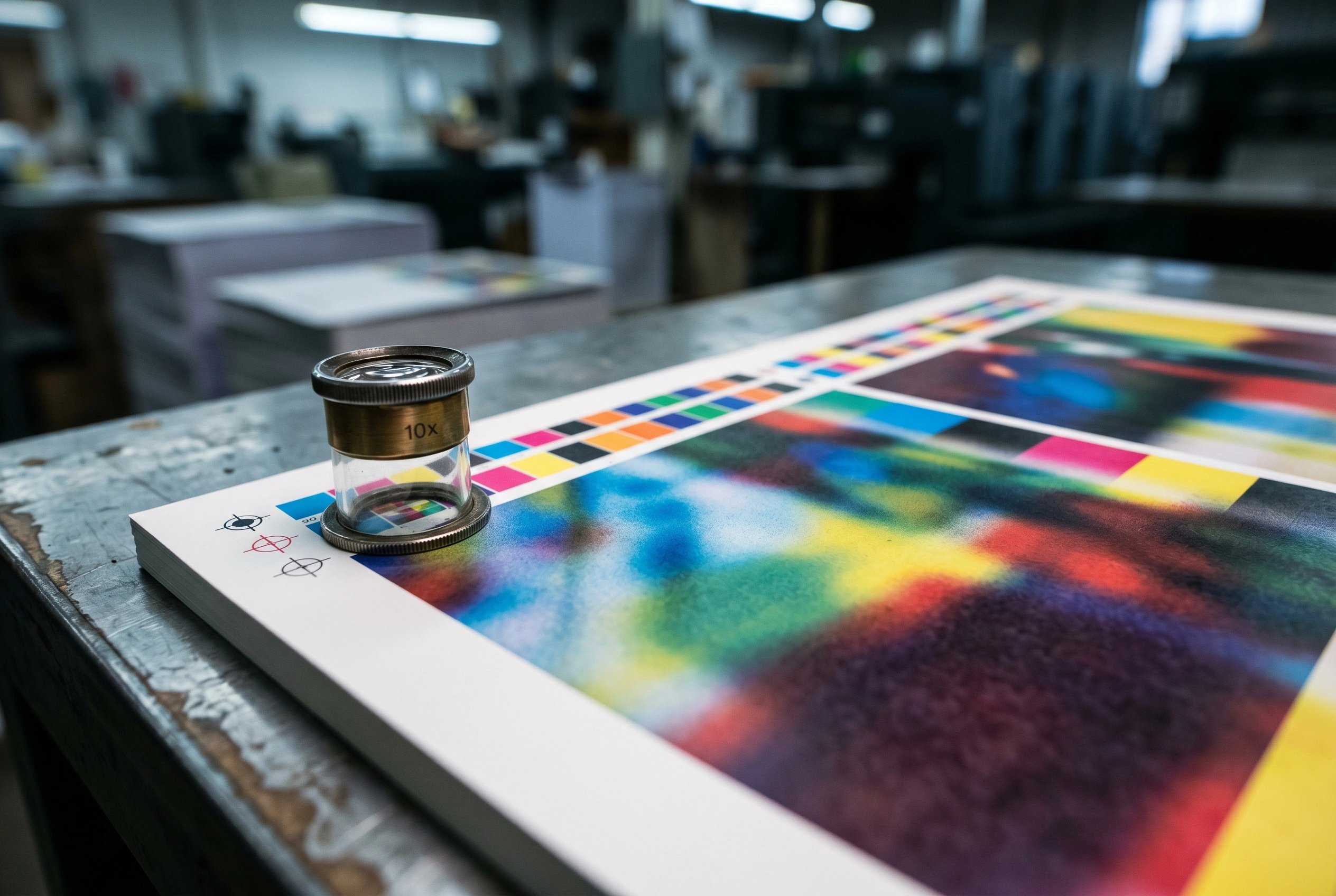 Printed press proofs with colour calibration bars under a loupe