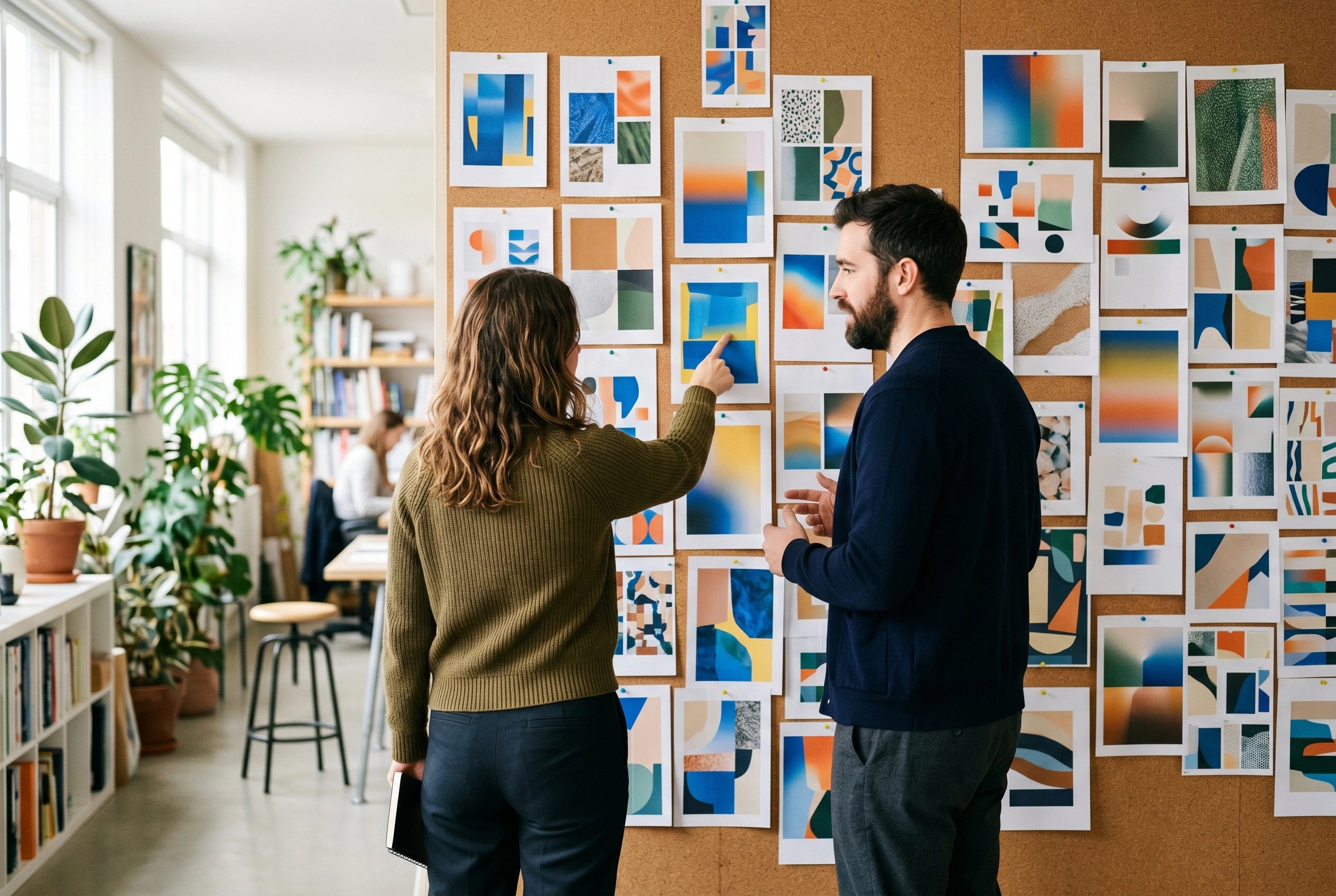 Two designers reviewing brand directions pinned to a studio wall