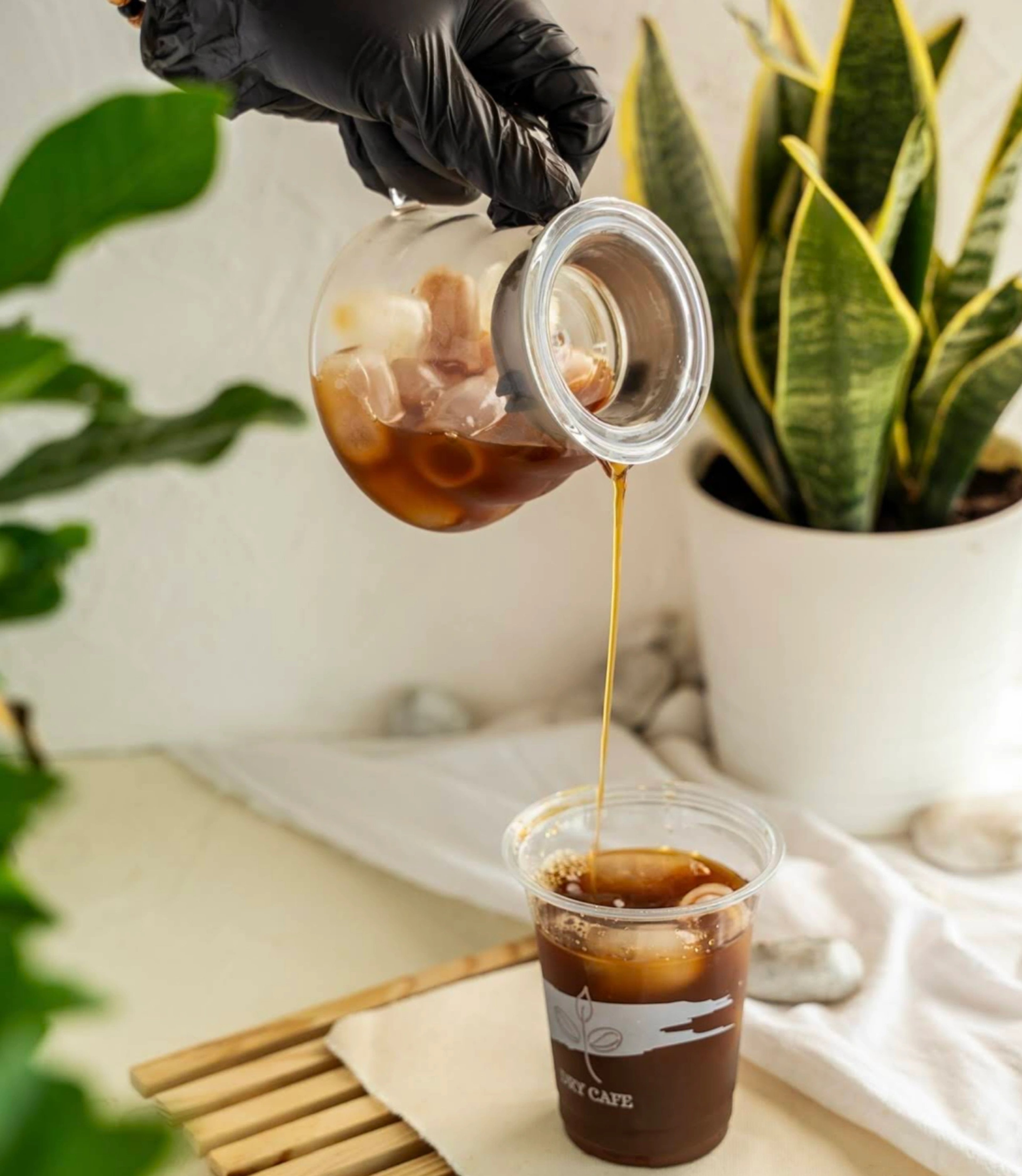 A gloved hand pouring iced coffee into a Dry Café cup in a calm, plant-styled setting