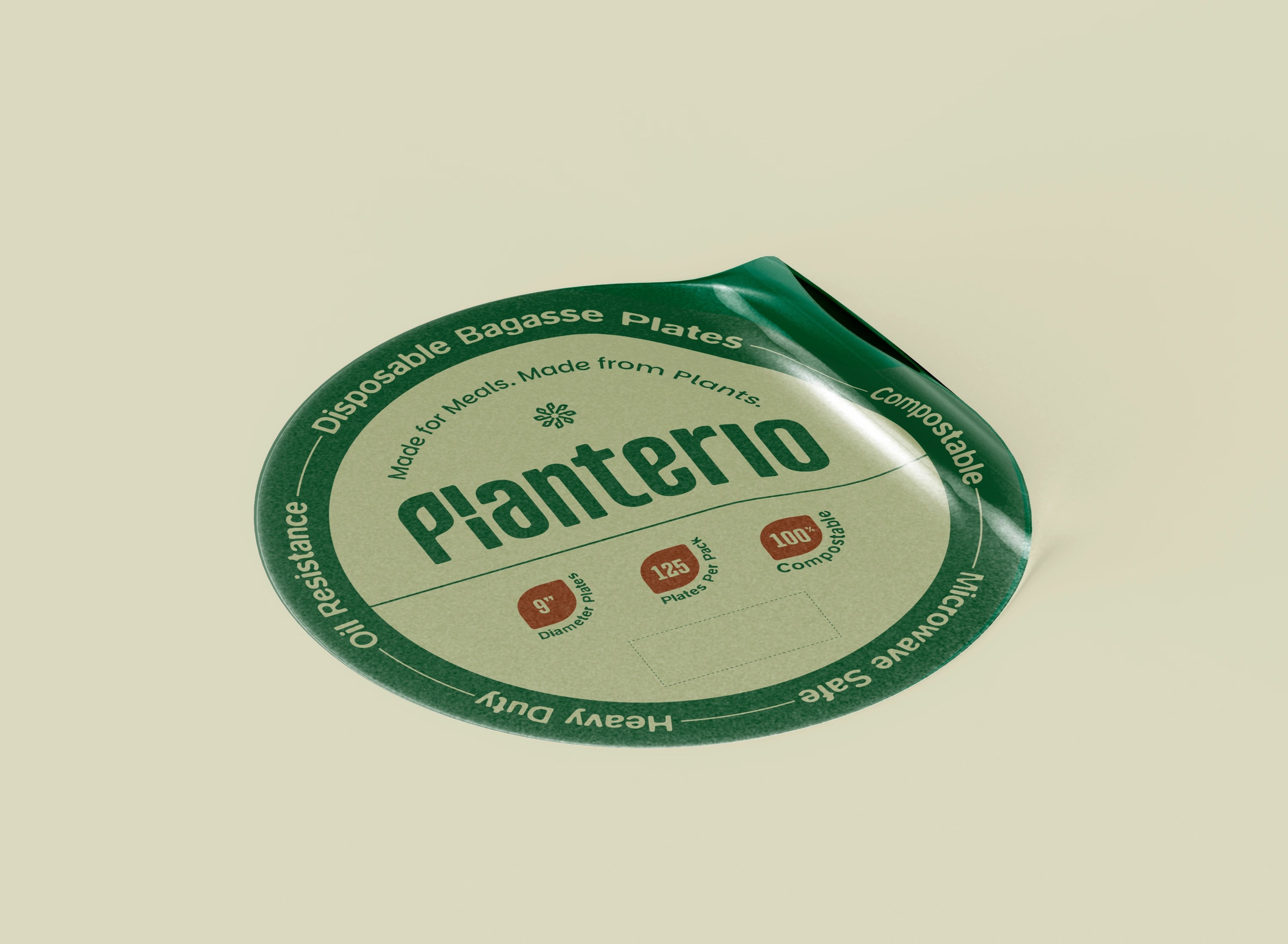 Circular Planterio product sticker peeling up on cream, reading 'Disposable Bagasse Plates — Made for Meals, Made from Plants'