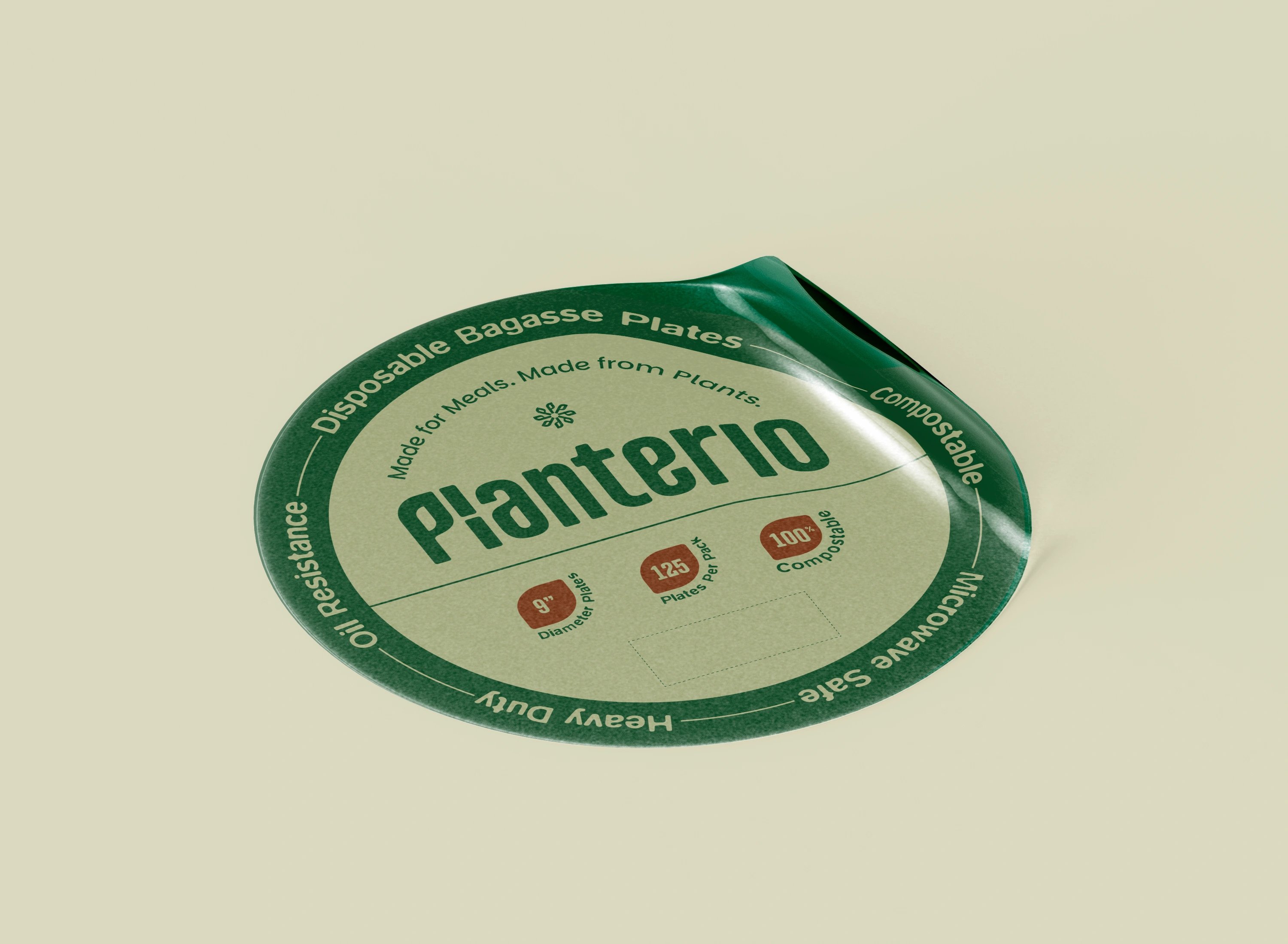 Circular Planterio product sticker peeling up on cream, reading 'Disposable Bagasse Plates — Made for Meals, Made from Plants'