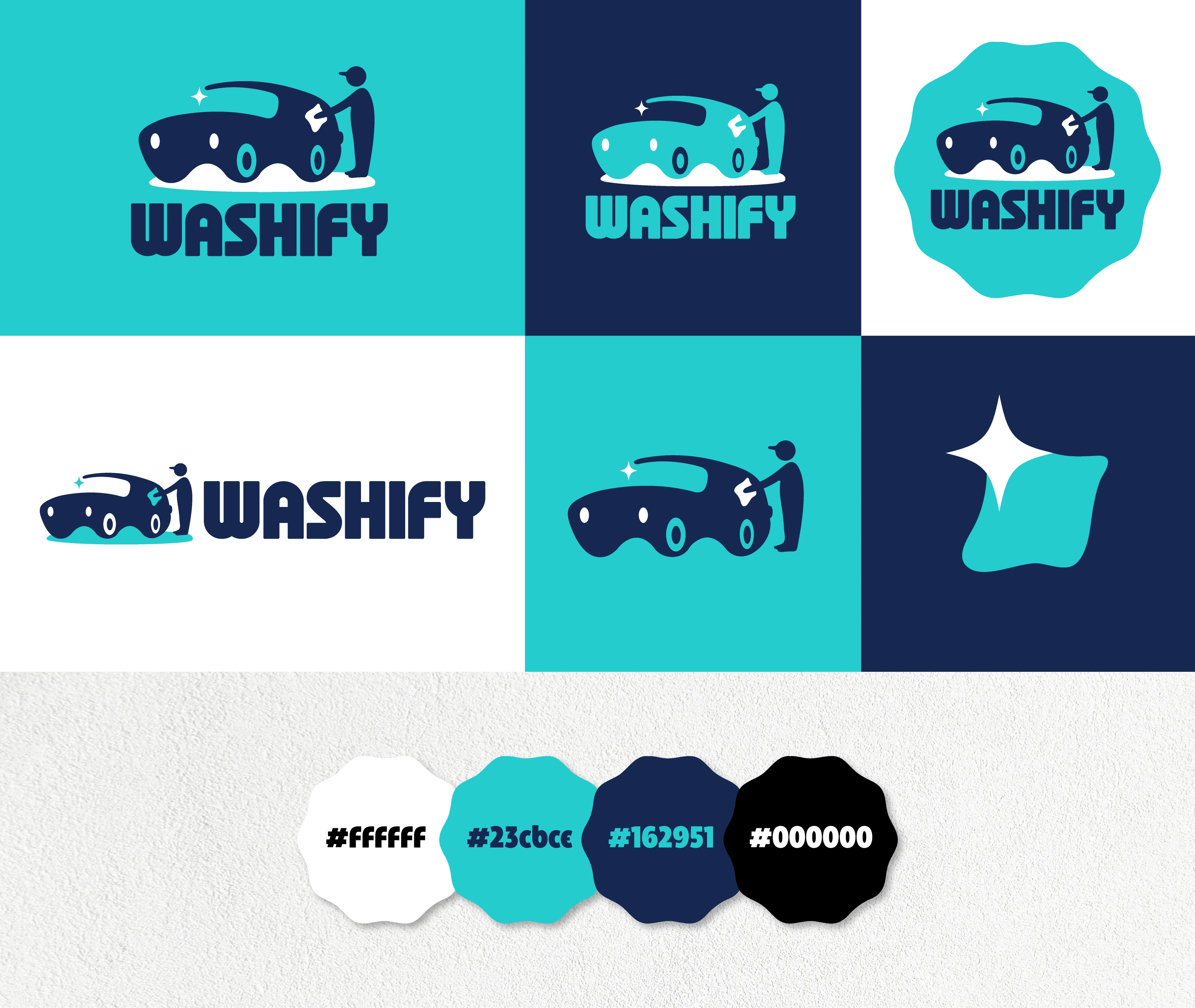 Washify logo system and colour swatches in white, aqua, navy and black