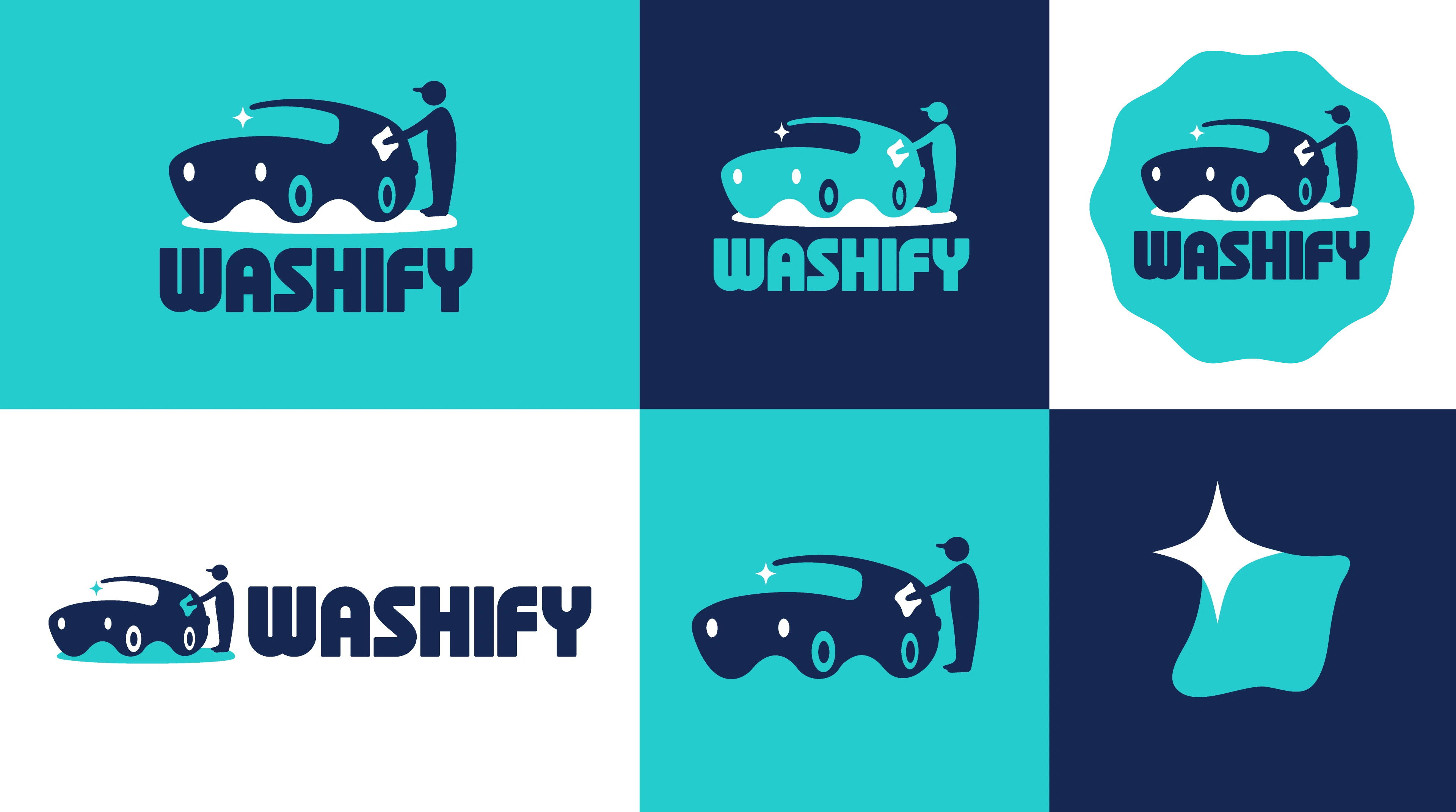 Washify logo system and colour swatches in white, aqua, navy and black