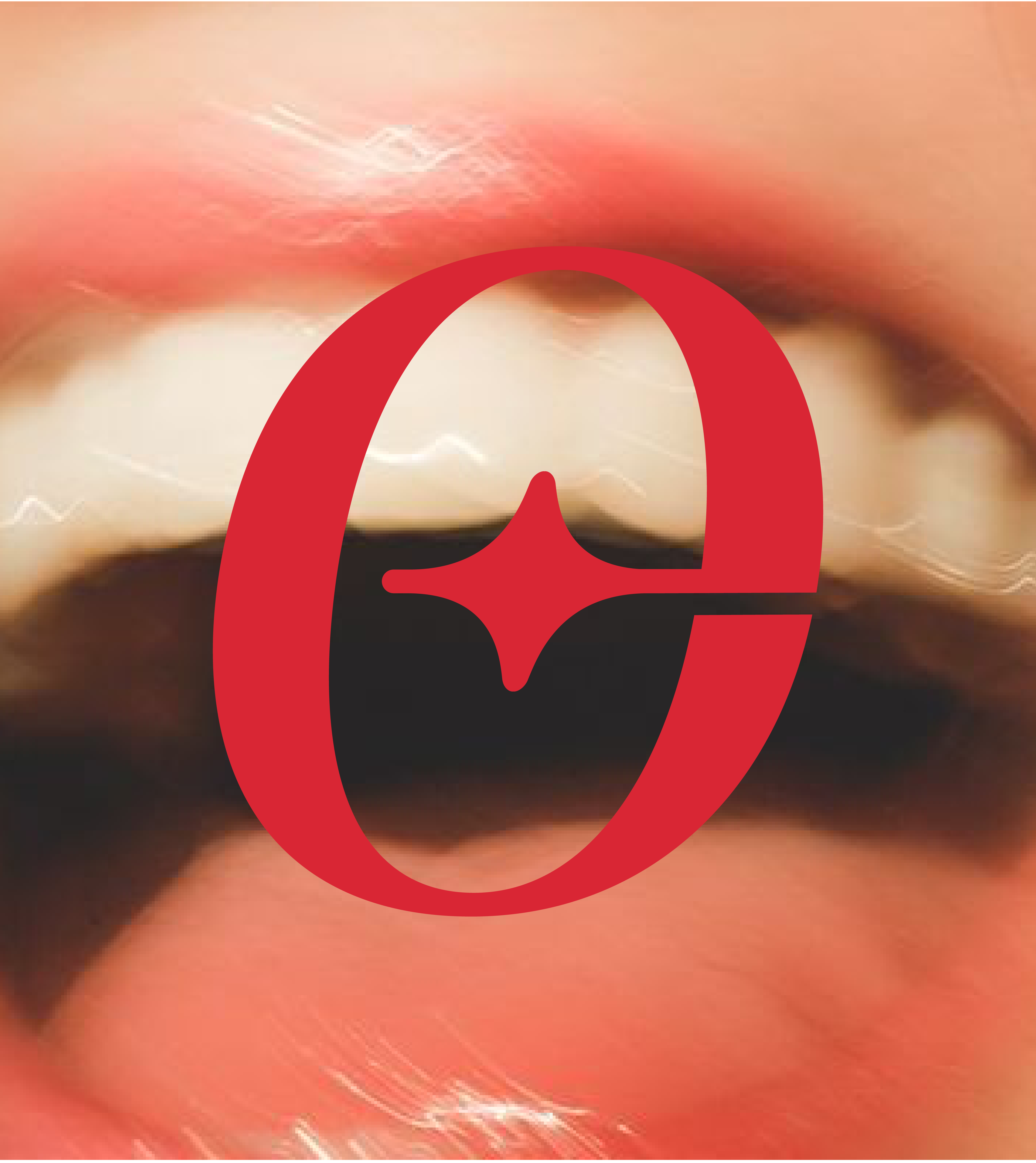 OPEARL logomark — a red star-in-'O' — set over a close-up of parted lips and white teeth