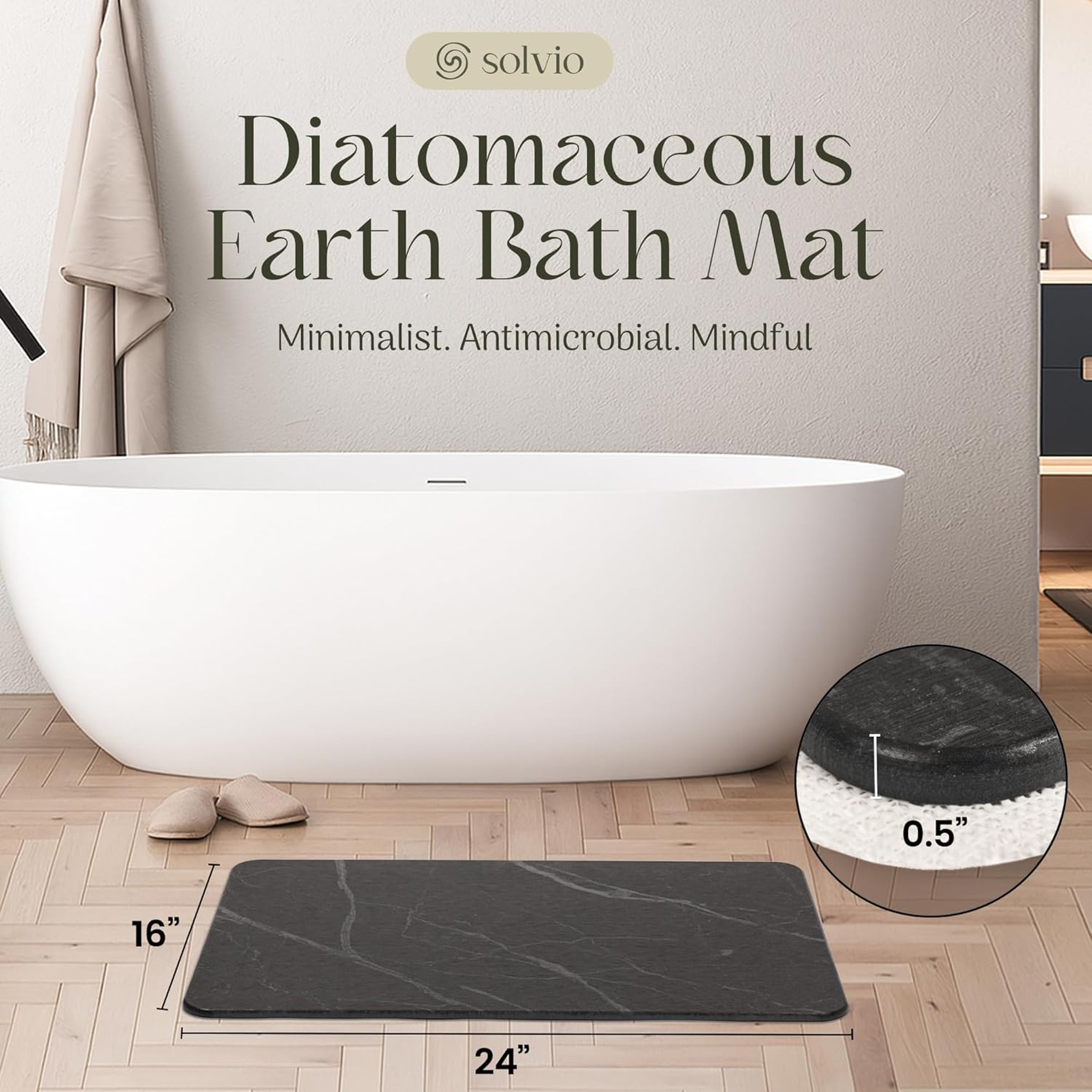 Solvio diatomaceous-earth stone bath mat staged in a bathroom, with 16-by-24-inch size and half-inch thickness callouts
