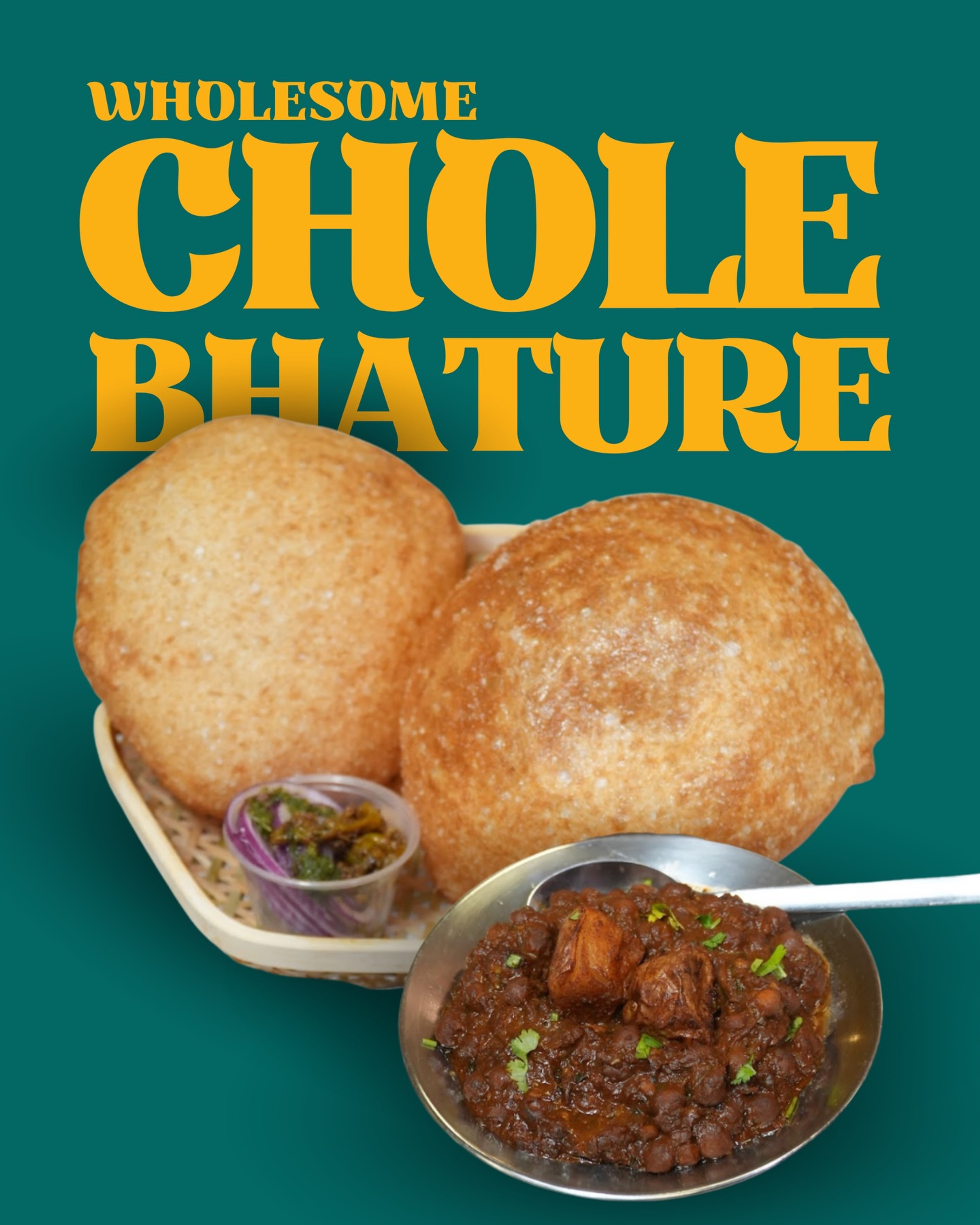Toronto Tikki Co. Instagram promo for chole bhature — two puffed bhature with a bowl of chole on teal