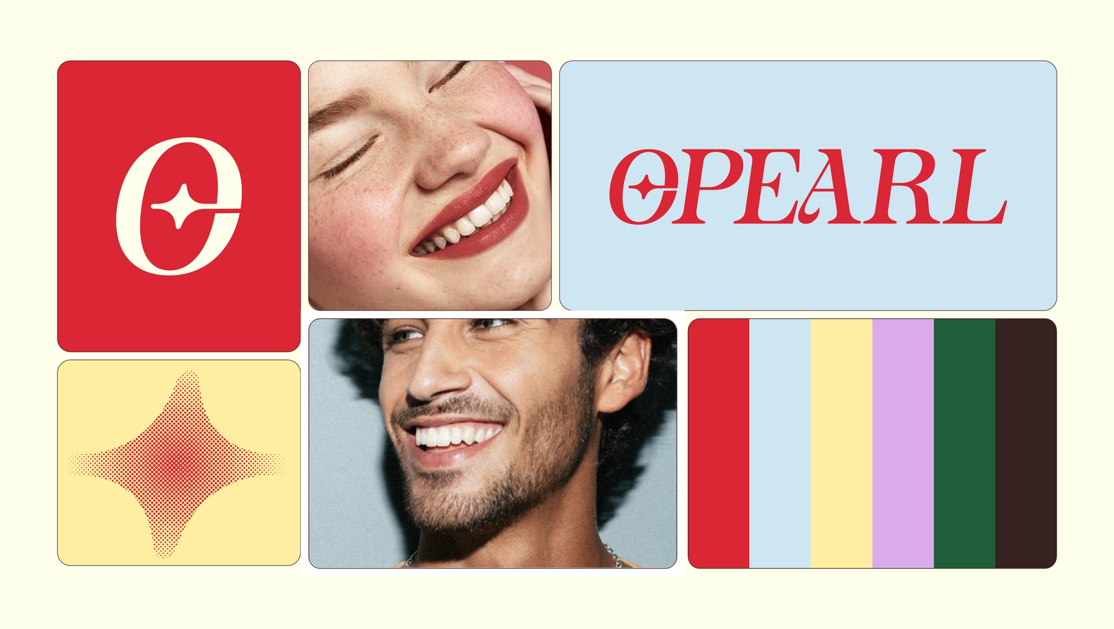 Brand identity collage with Opearl logo and color systems